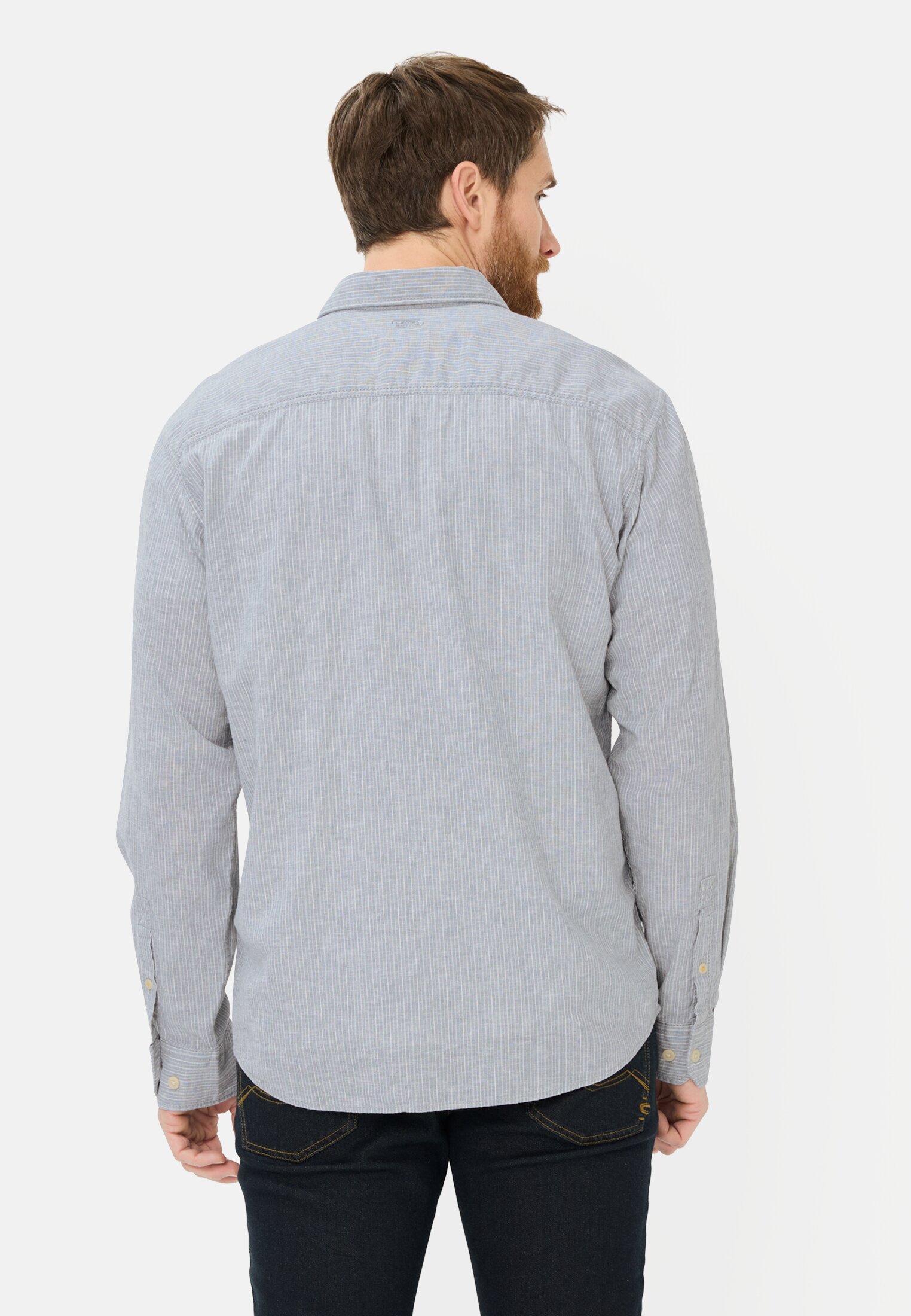 Heren Overhemd met lange mouwen van linnenmix Stormblauw gedragen achter