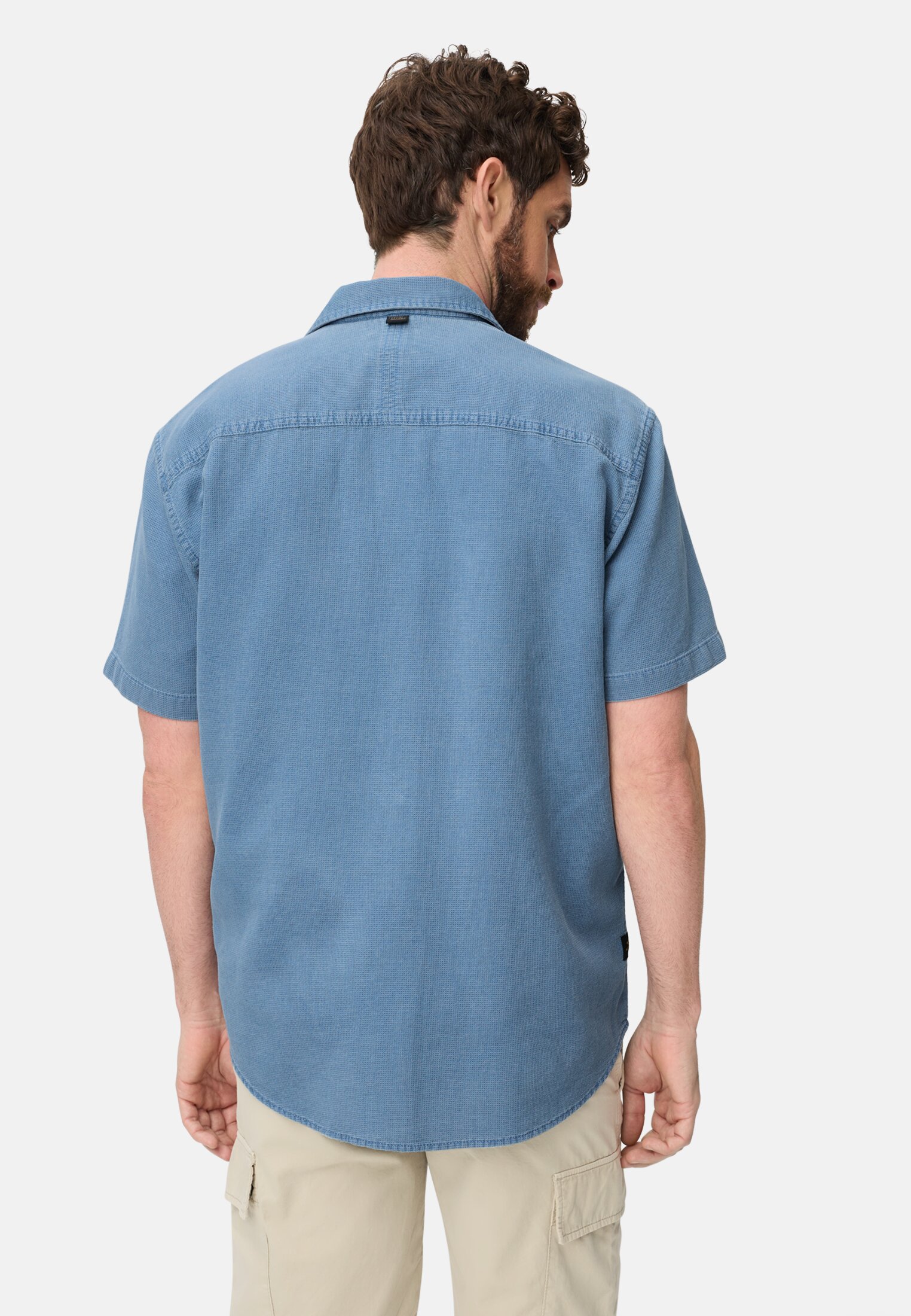 Men Short sleeve shirt made of pure cotton Sky Blue worn back