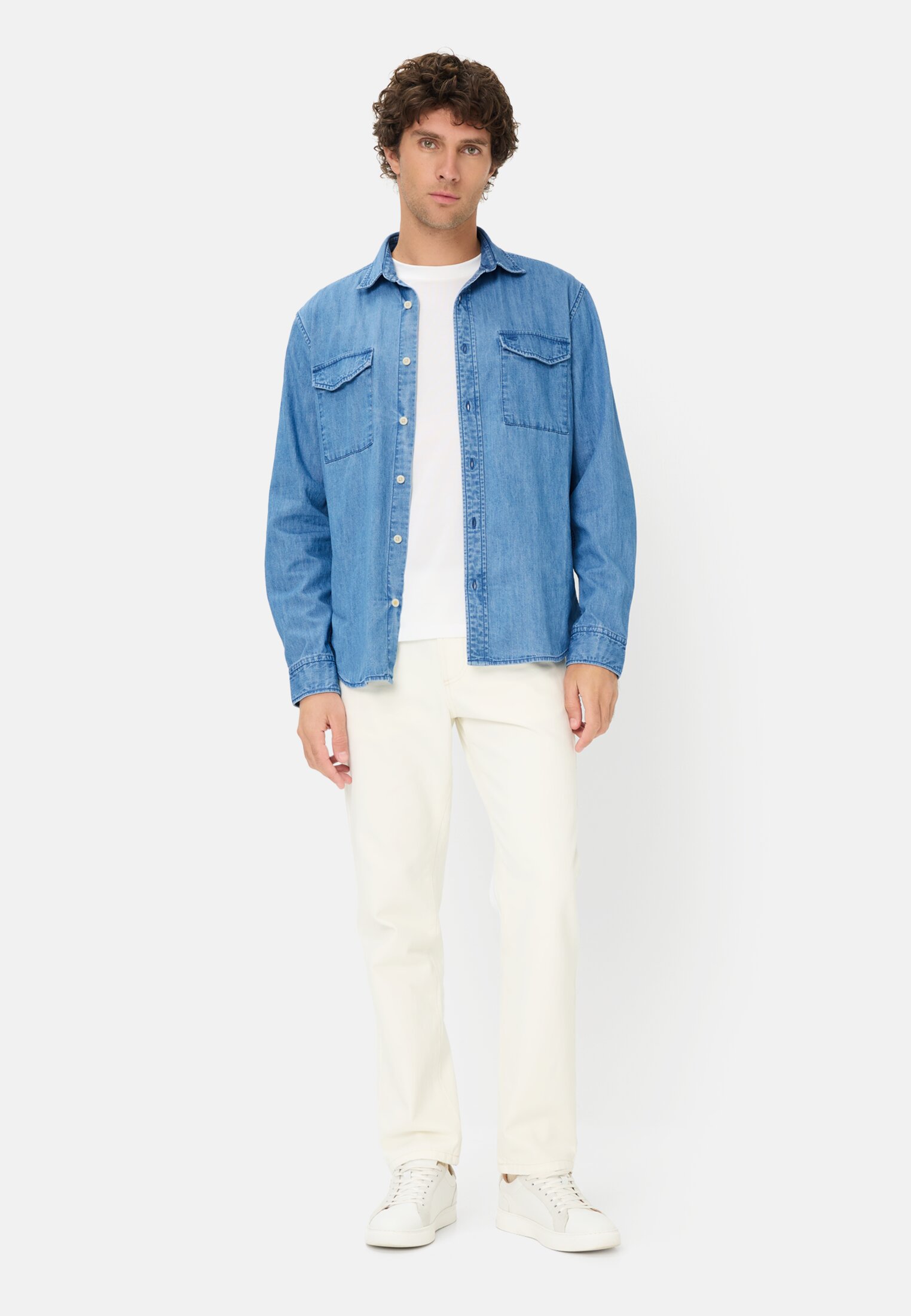 Heren Overhemd met lange mouwen in spijkerlook Stromy Blue gedragen voor lichaam compleet 