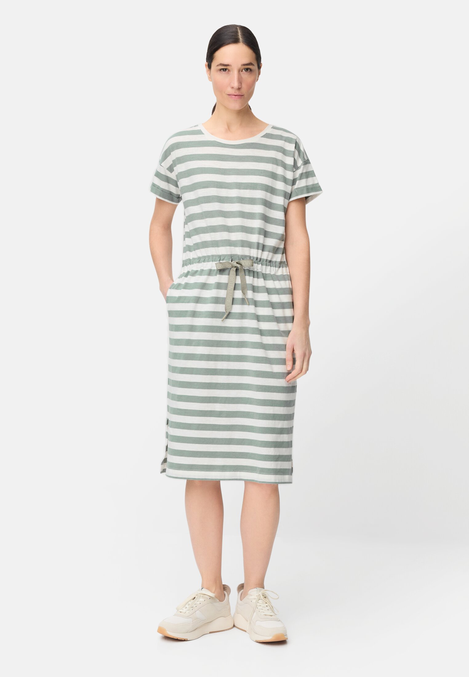 Damen Kleid mit Tunnelzug Jadeblau getragen vorn