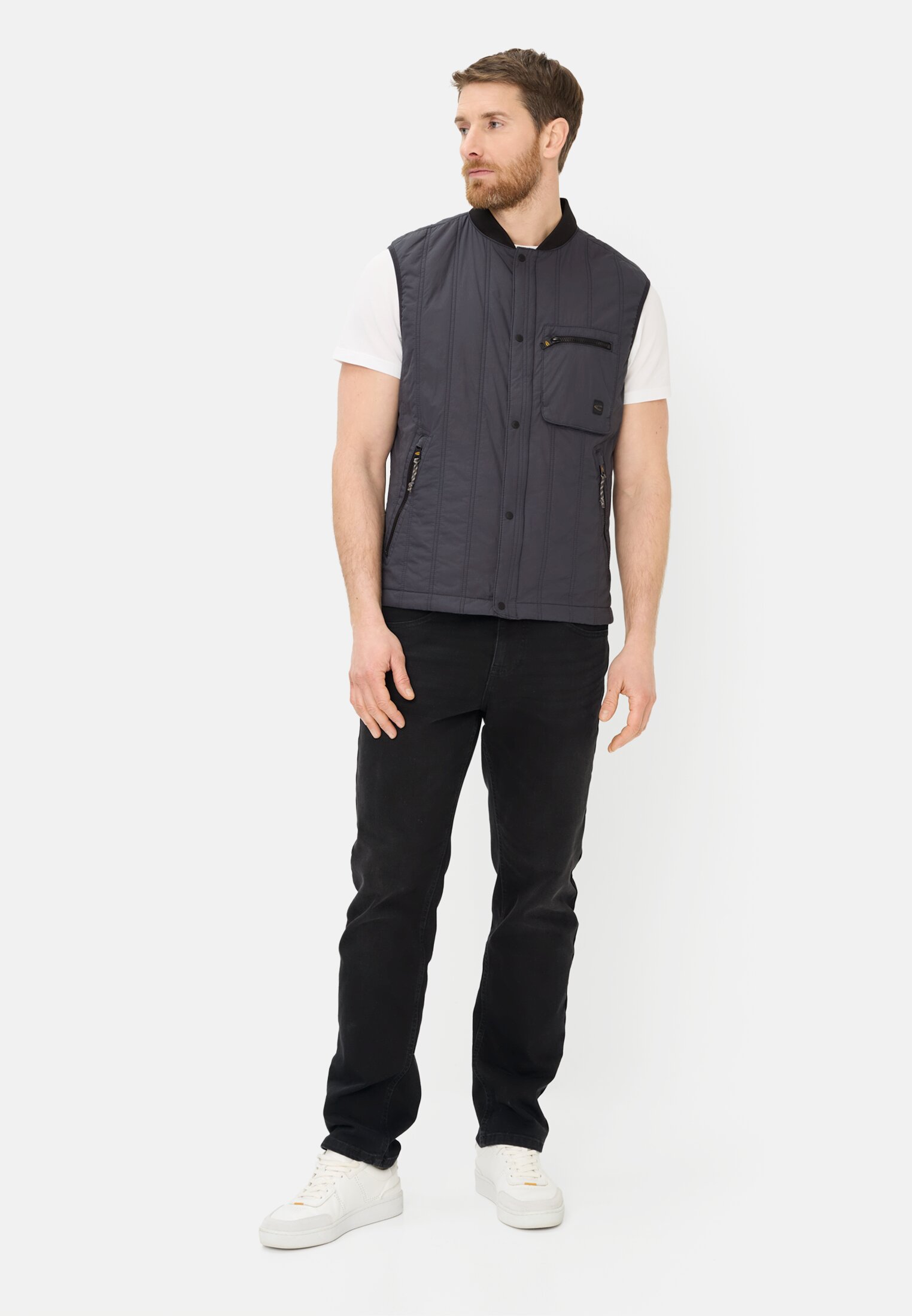 Men Quilted waistcoat with stand-up collar Dark Blue worn front full body