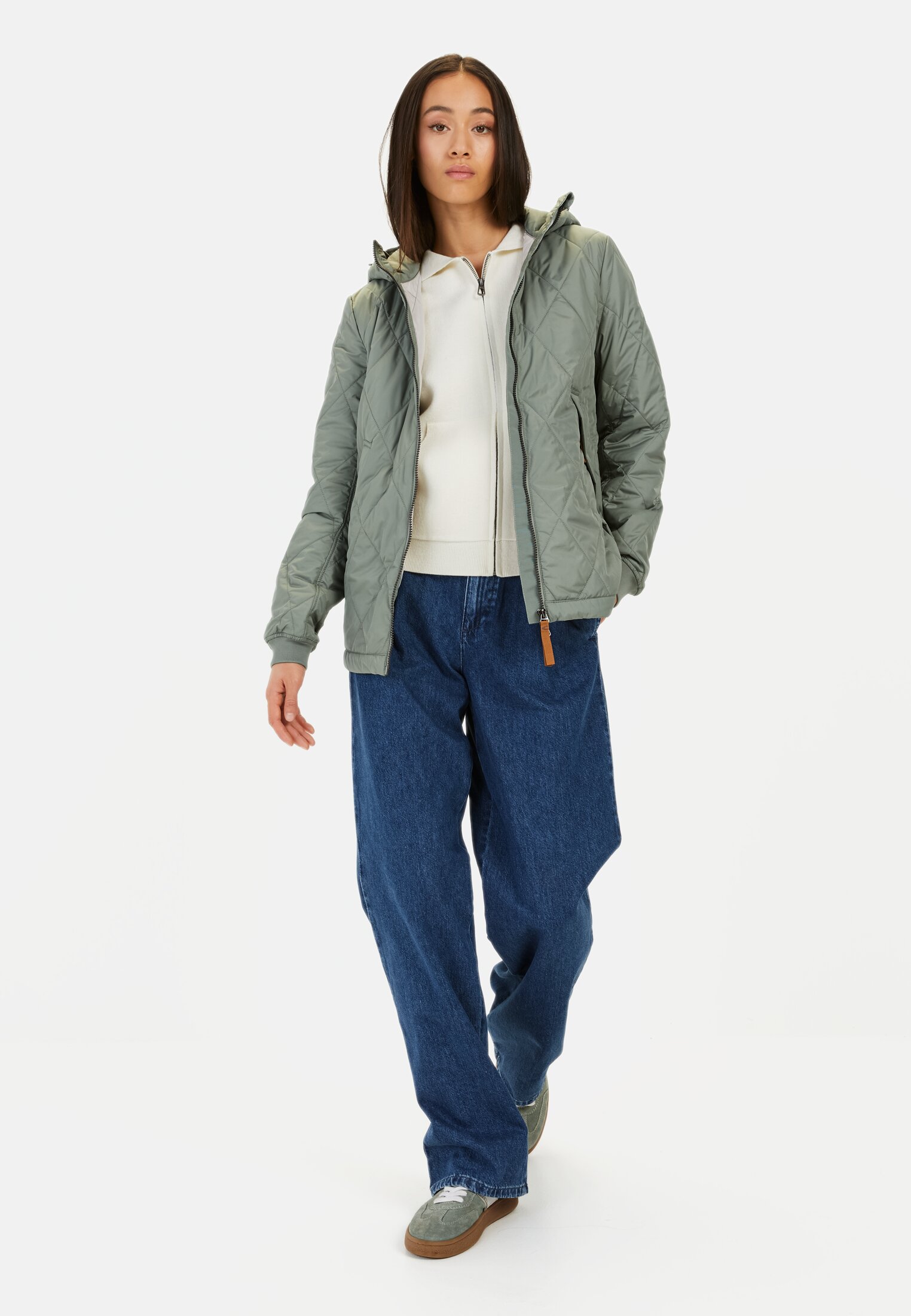 Women Jacket with diamond quilting Light Green worn front full body