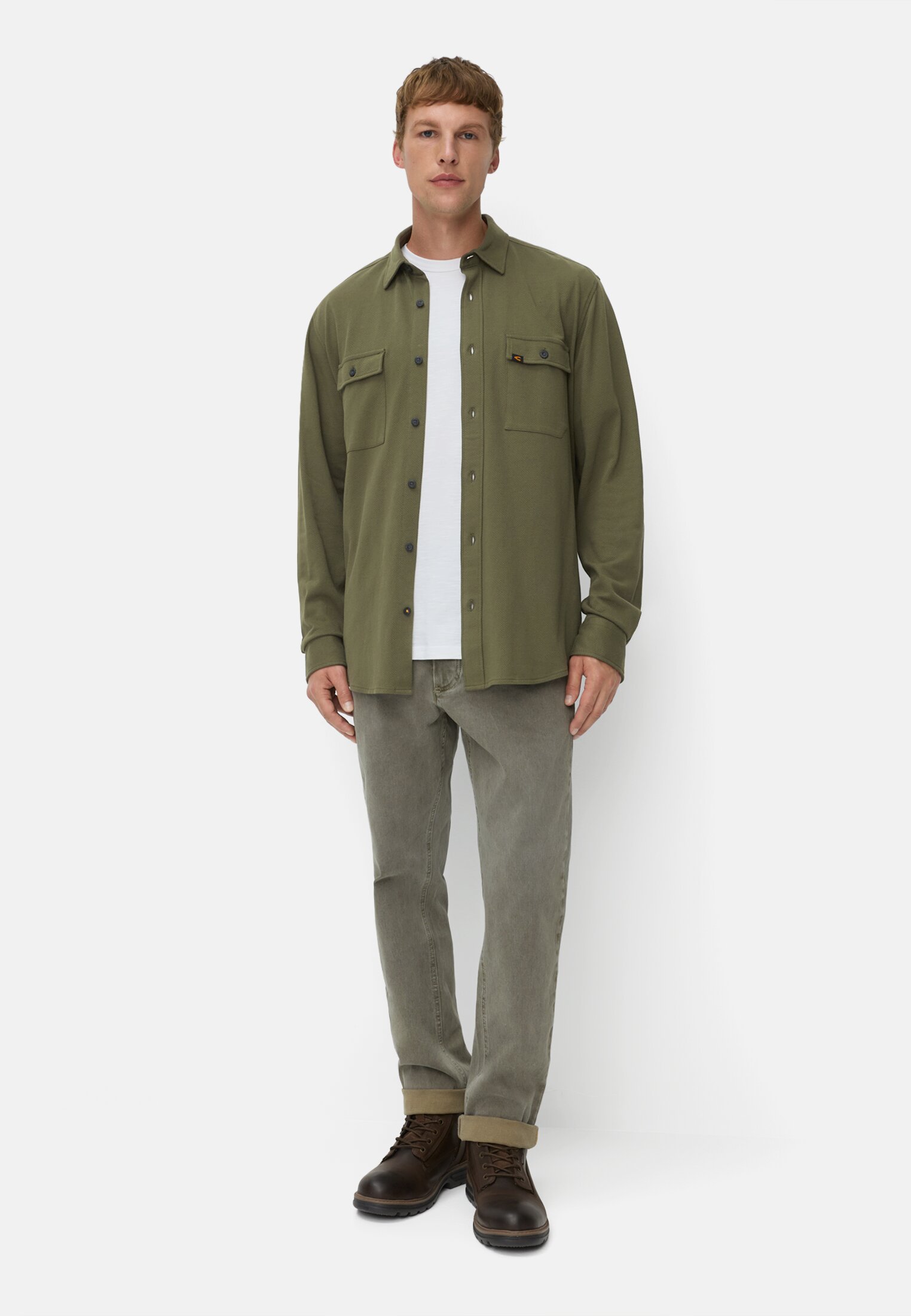 Men Long sleeve shirt made of pure cotton Khaki worn front full body