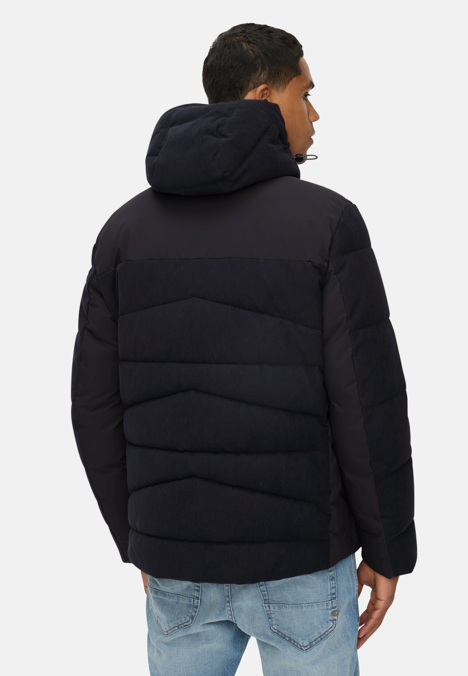 Herren Steppjacke mit abnehmbarer Kapuze Navyblau getragen hinten