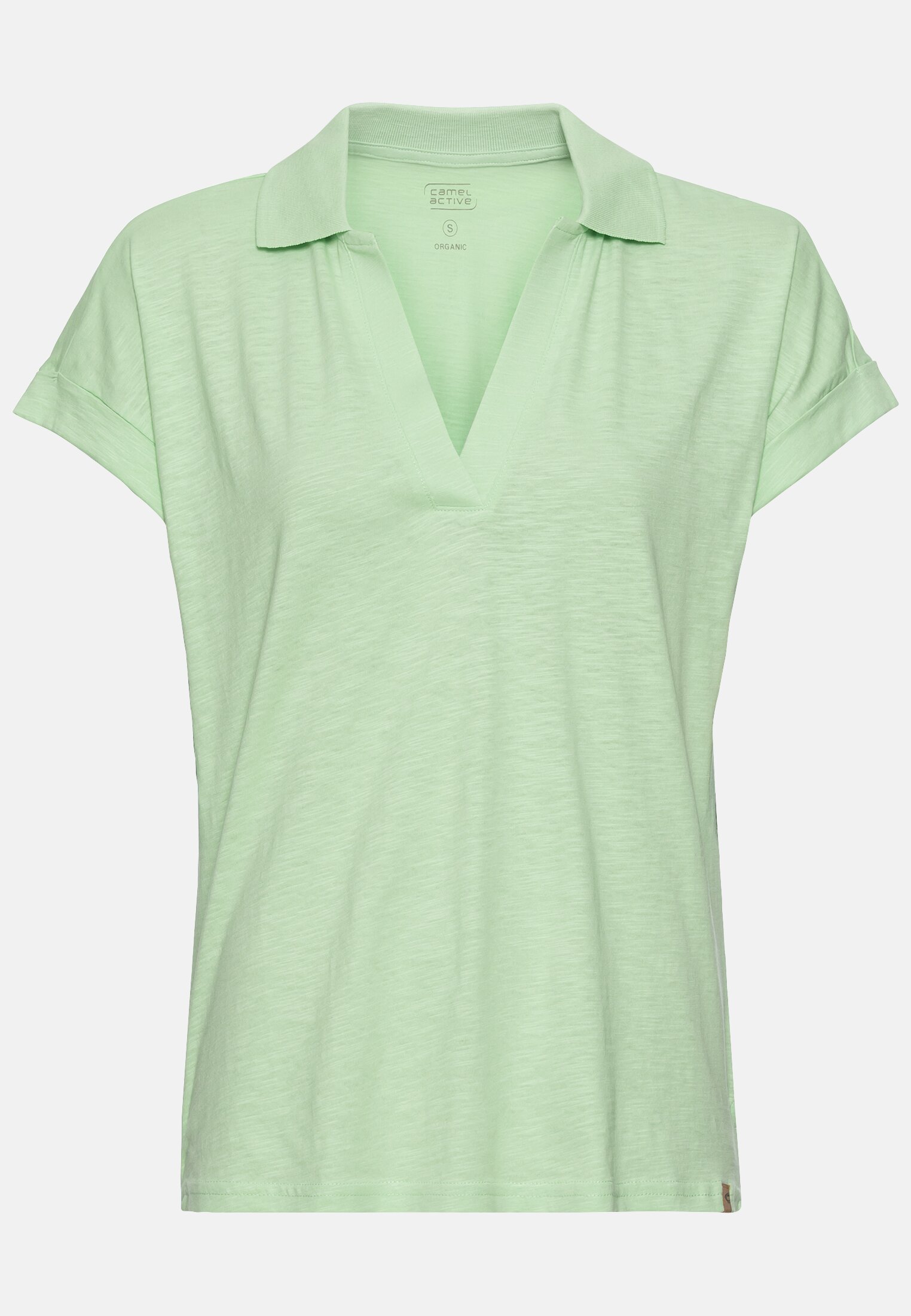 Damen T-Shirt mit Polokragen aus Organic Cotton Pistazie frontal vorn