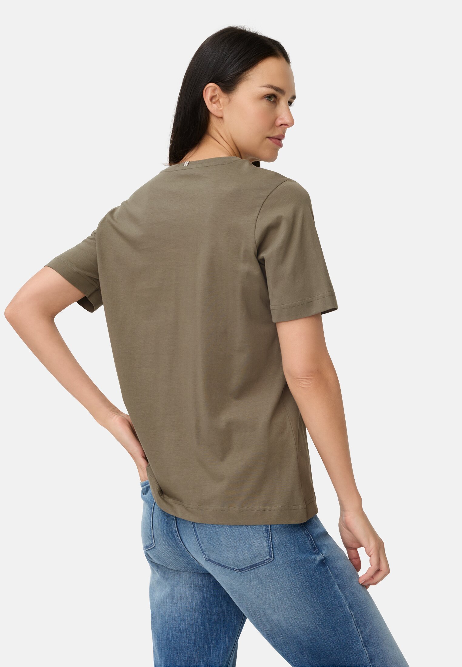 Damen T-Shirt aus reiner Baumwolle Graugrün getragen hinten