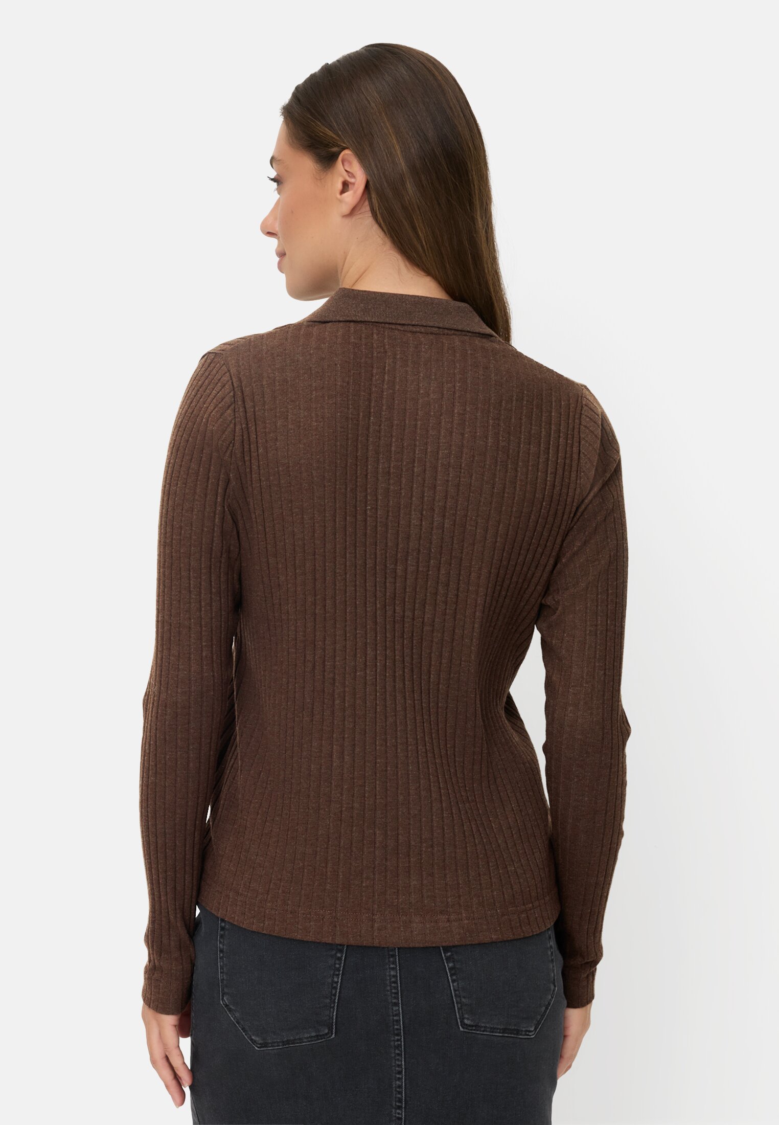 Women Jersey shirt with ribbed collar Brown worn back