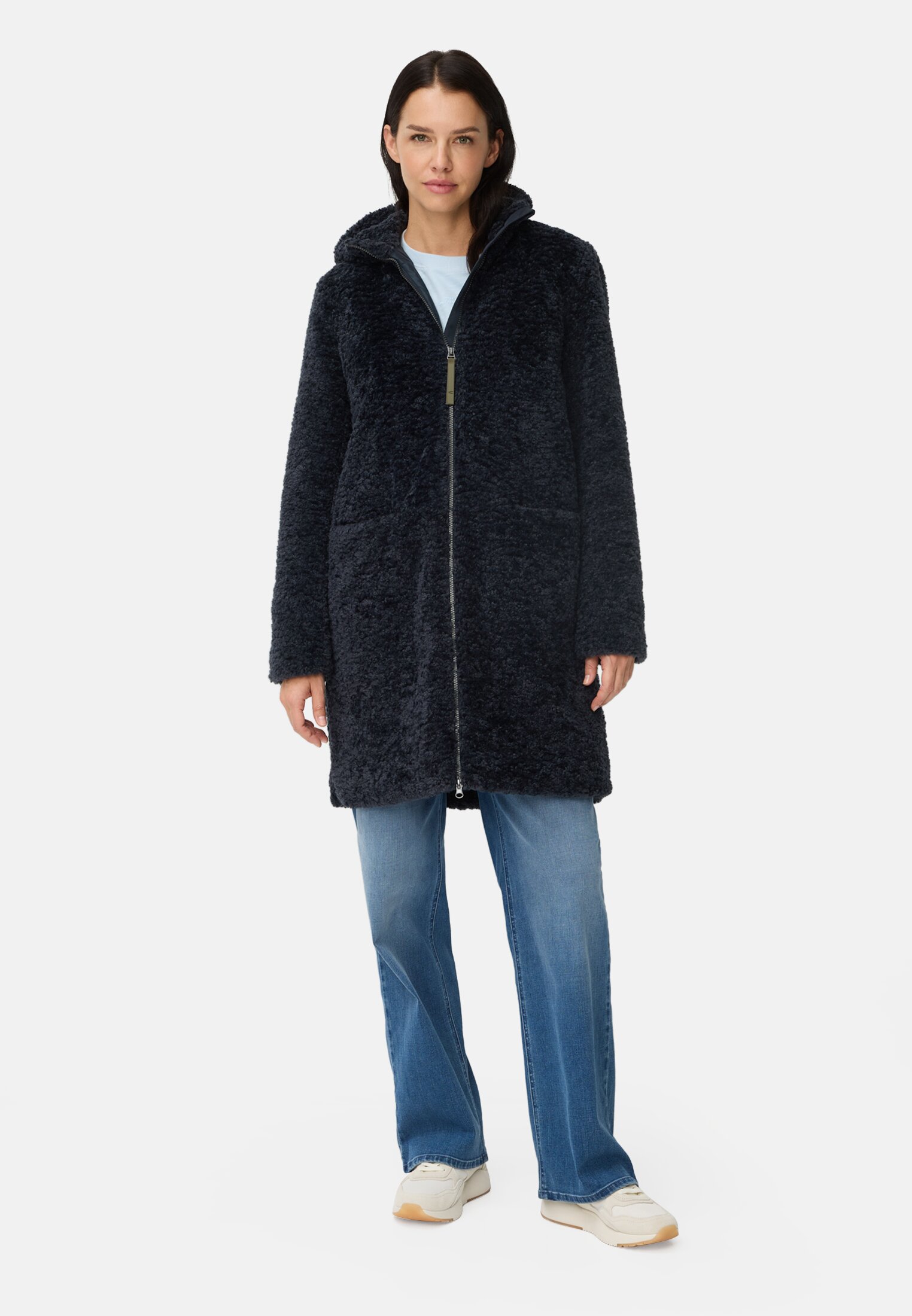 Damen Teddy Mantel mit Kapuze Navy getragen vorne Ganzkörper