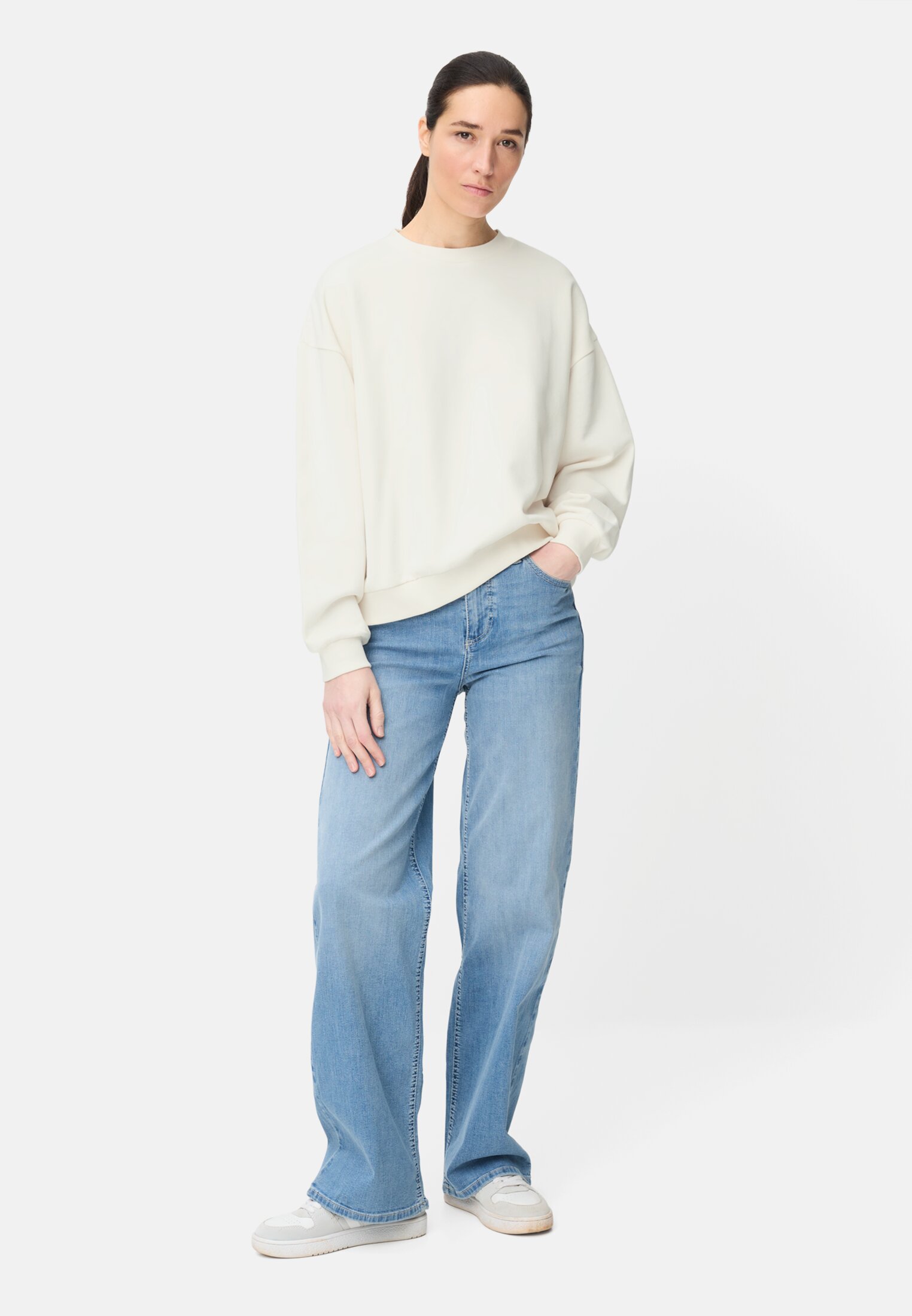 Women Sweatshirt with back print Milk White worn front full body