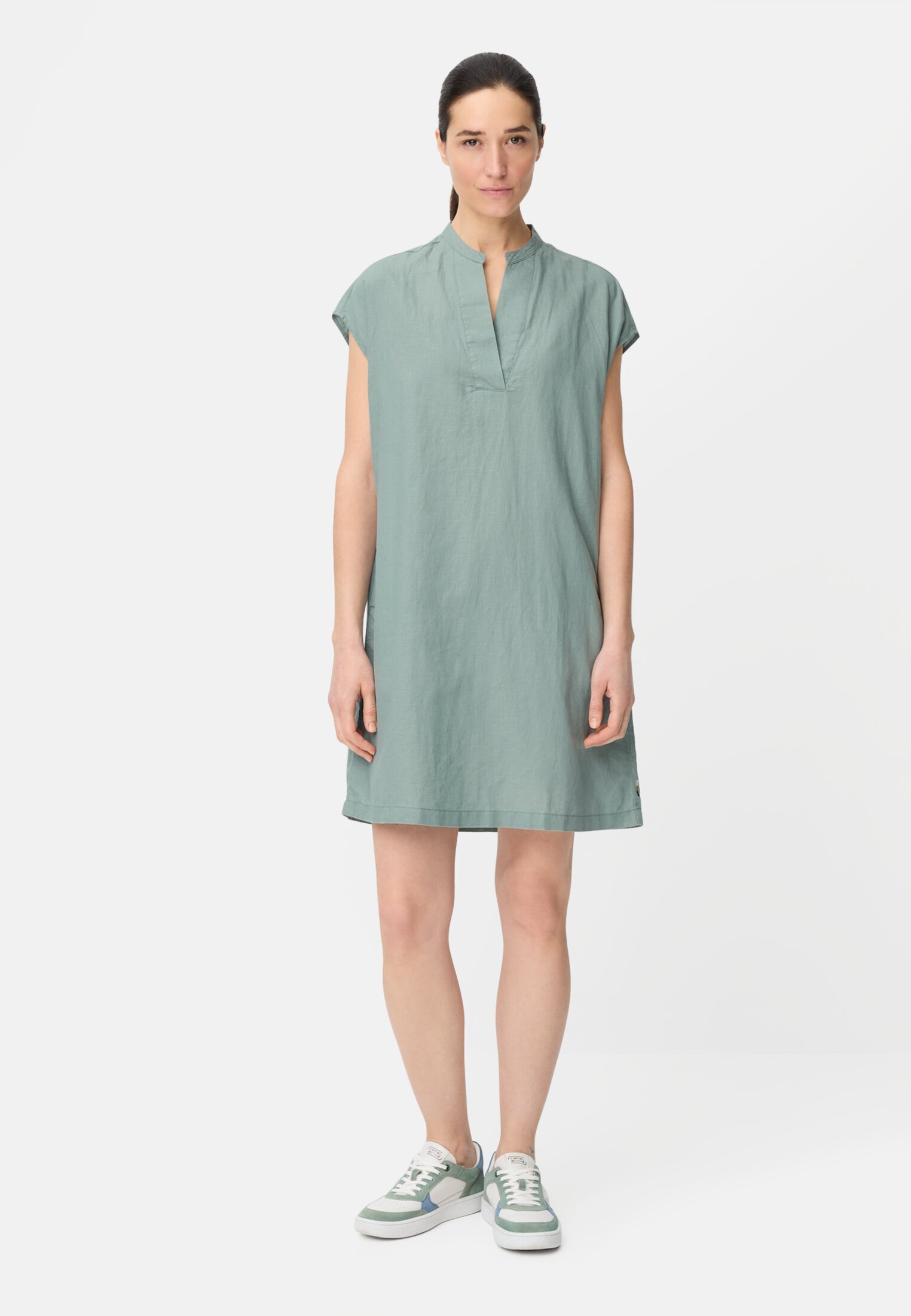 Women Dress with side pockets Jade Blue worn front