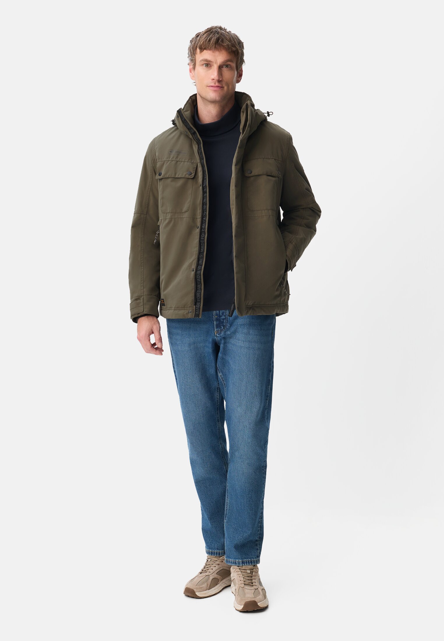Men teXXXactive© functional jacket with removable hood Dark Green worn front full body
