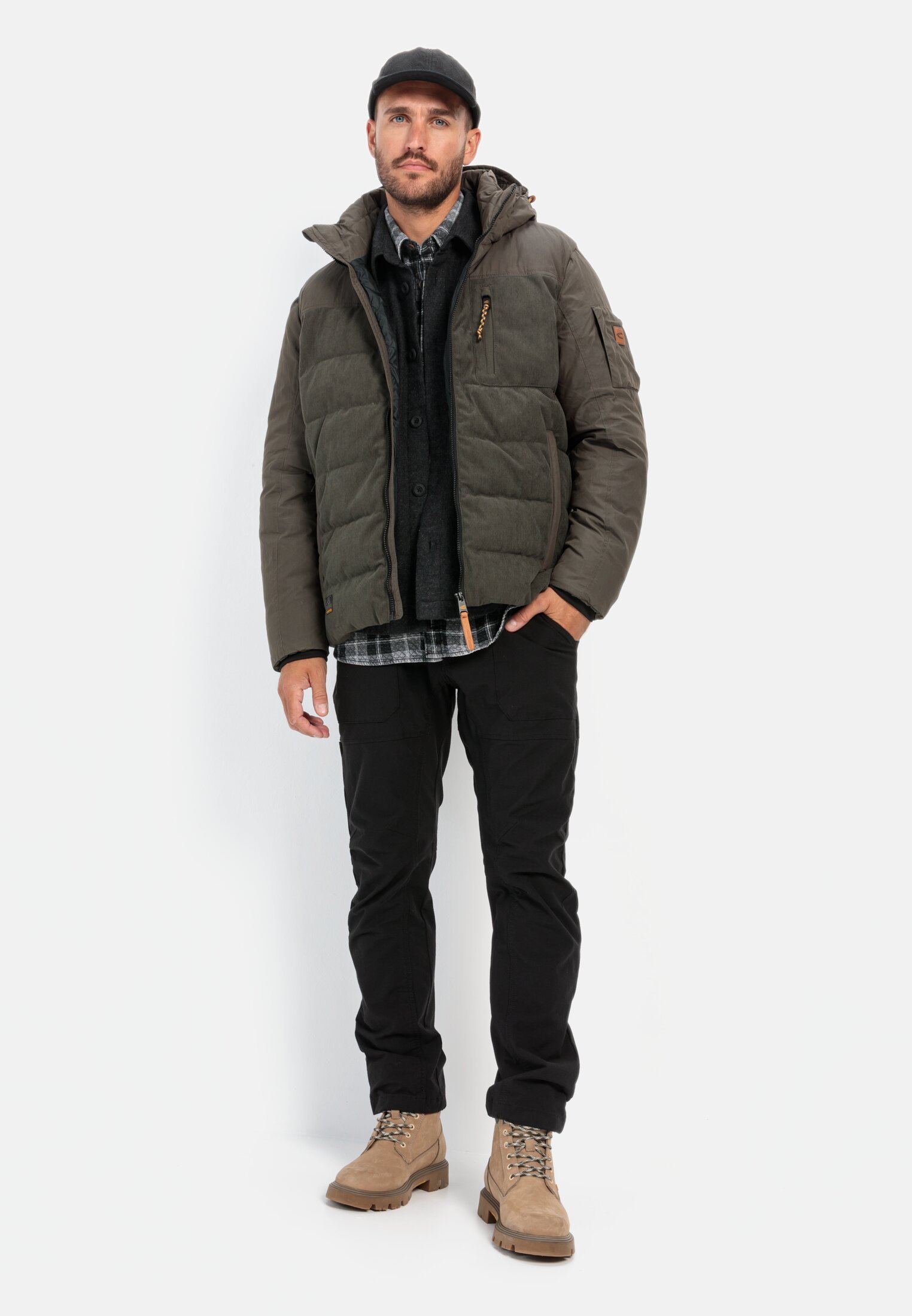 Men Quilted blouson with detachable hood Khaki worn front full body