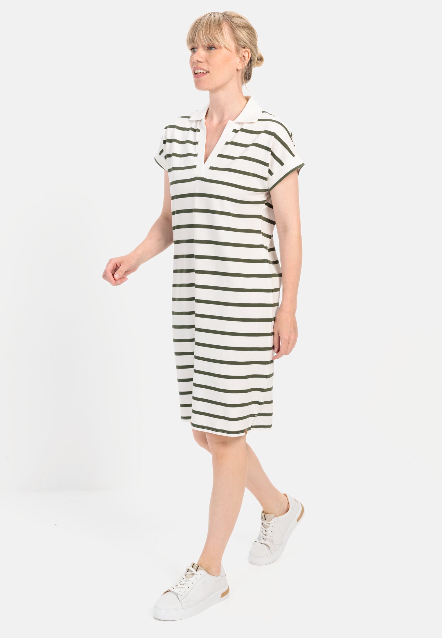 Women Piqué polo dress made from certified organic cotton Olive-White worn front full body