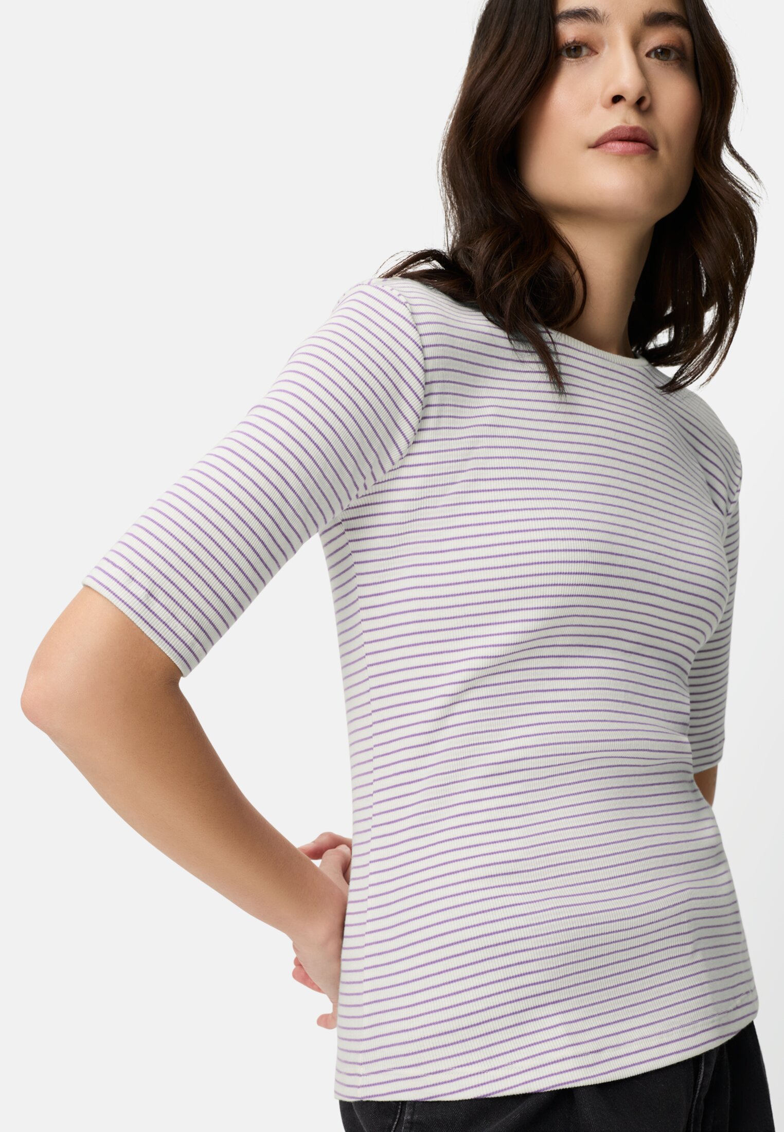 Women Striped crew neck T-shirt made of pure cotton White-Purple worn emotional