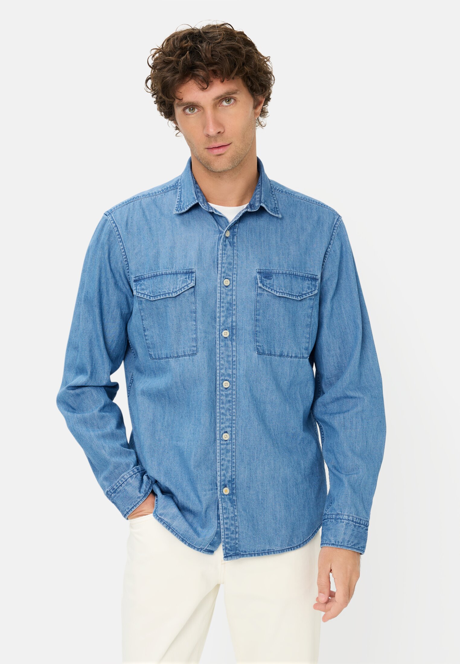 Heren Overhemd met lange mouwen in spijkerlook Stromy Blue gedragen voor