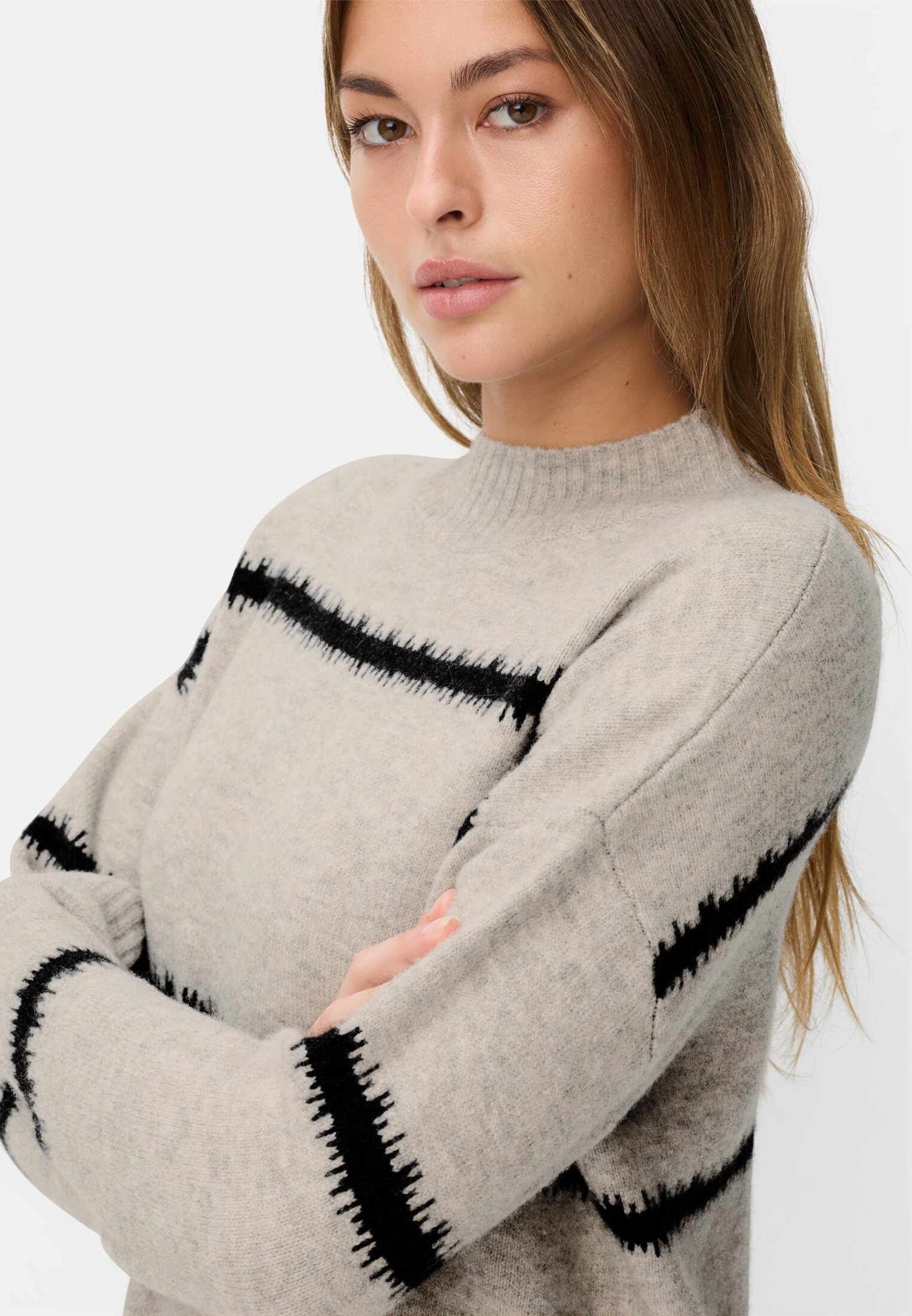 Vrouwen Gebreide jurk met opstaande kraag Beige gedragen detail dichtbij