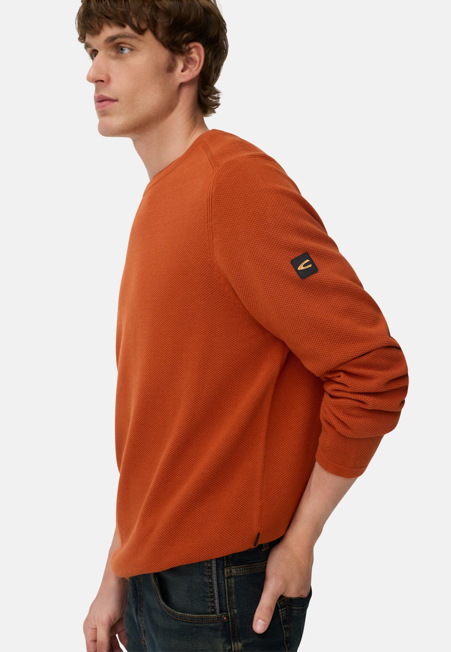 Herren Pullover aus reiner Baumwolle Zimt getragen emotional