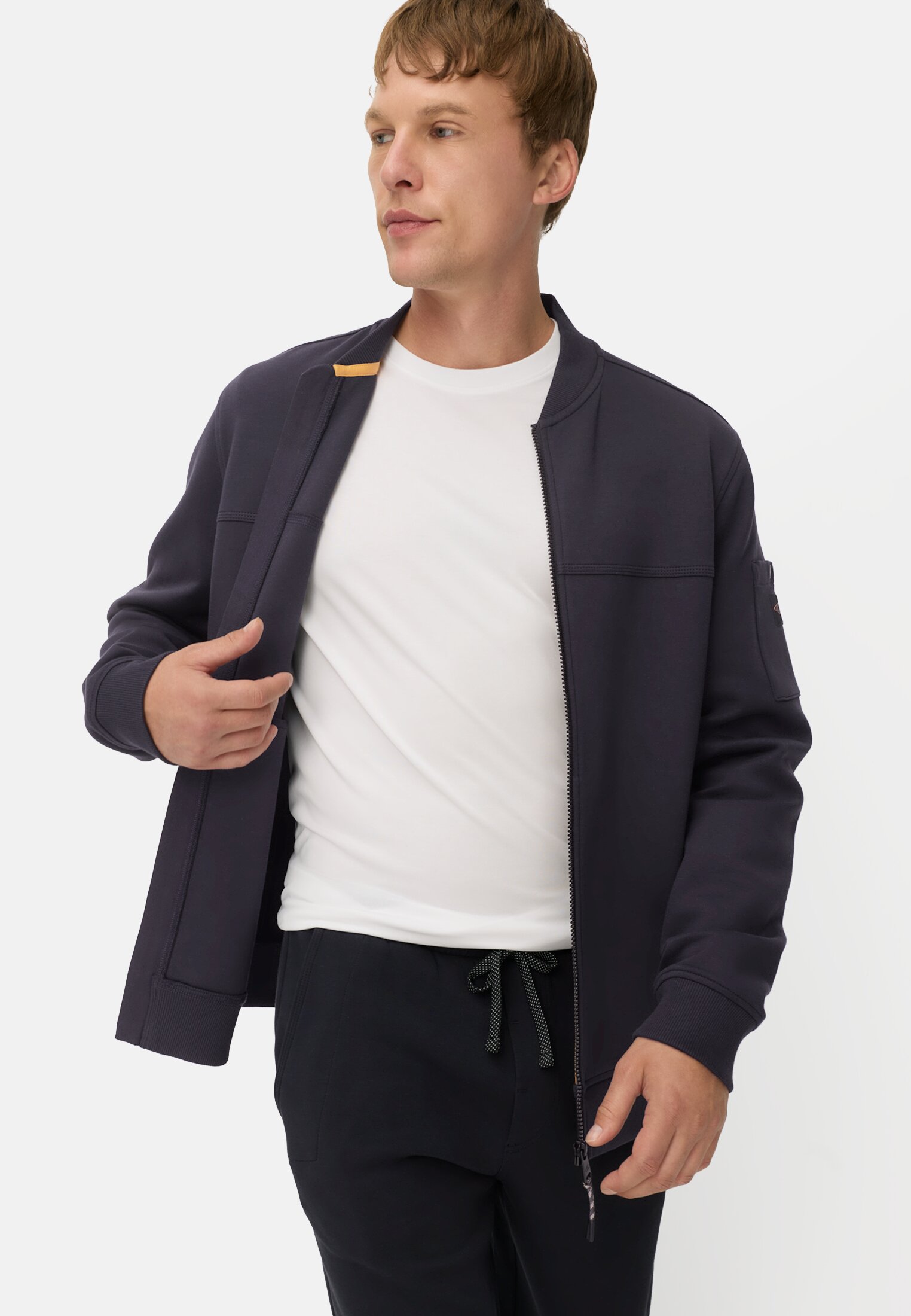 Men fleXXXactive® Sweat Jacket made from scuba jersey Navy Blue worn emotional