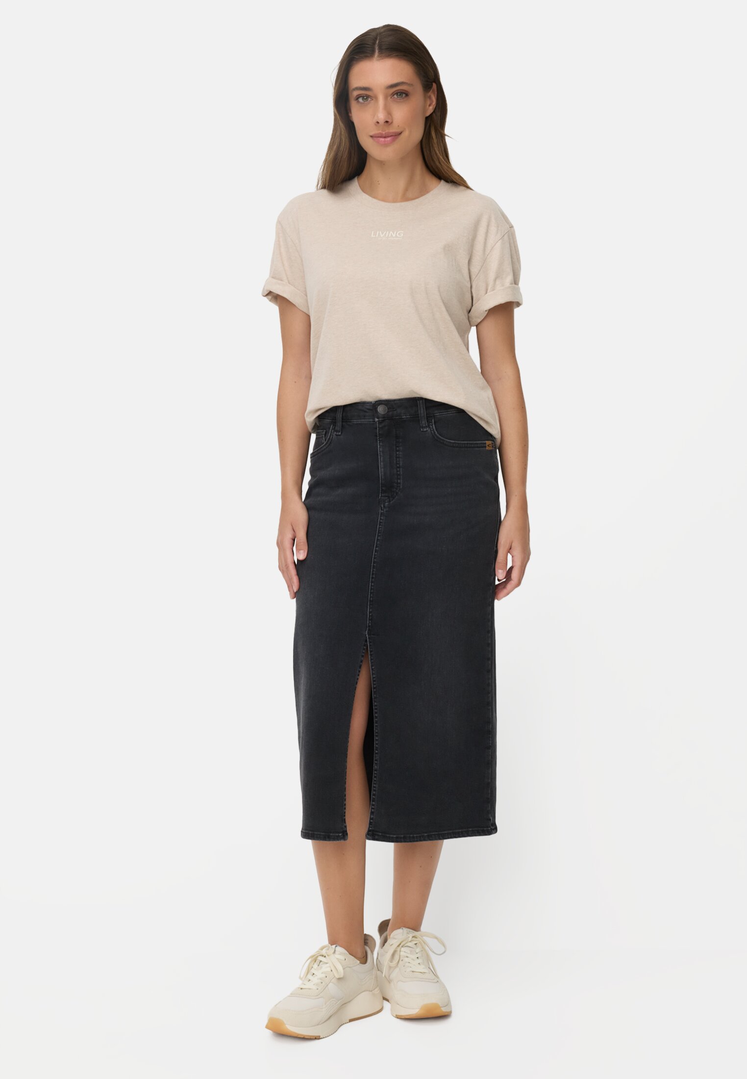 Women Printed T-shirt made of 100% cotton Beige worn front full body
