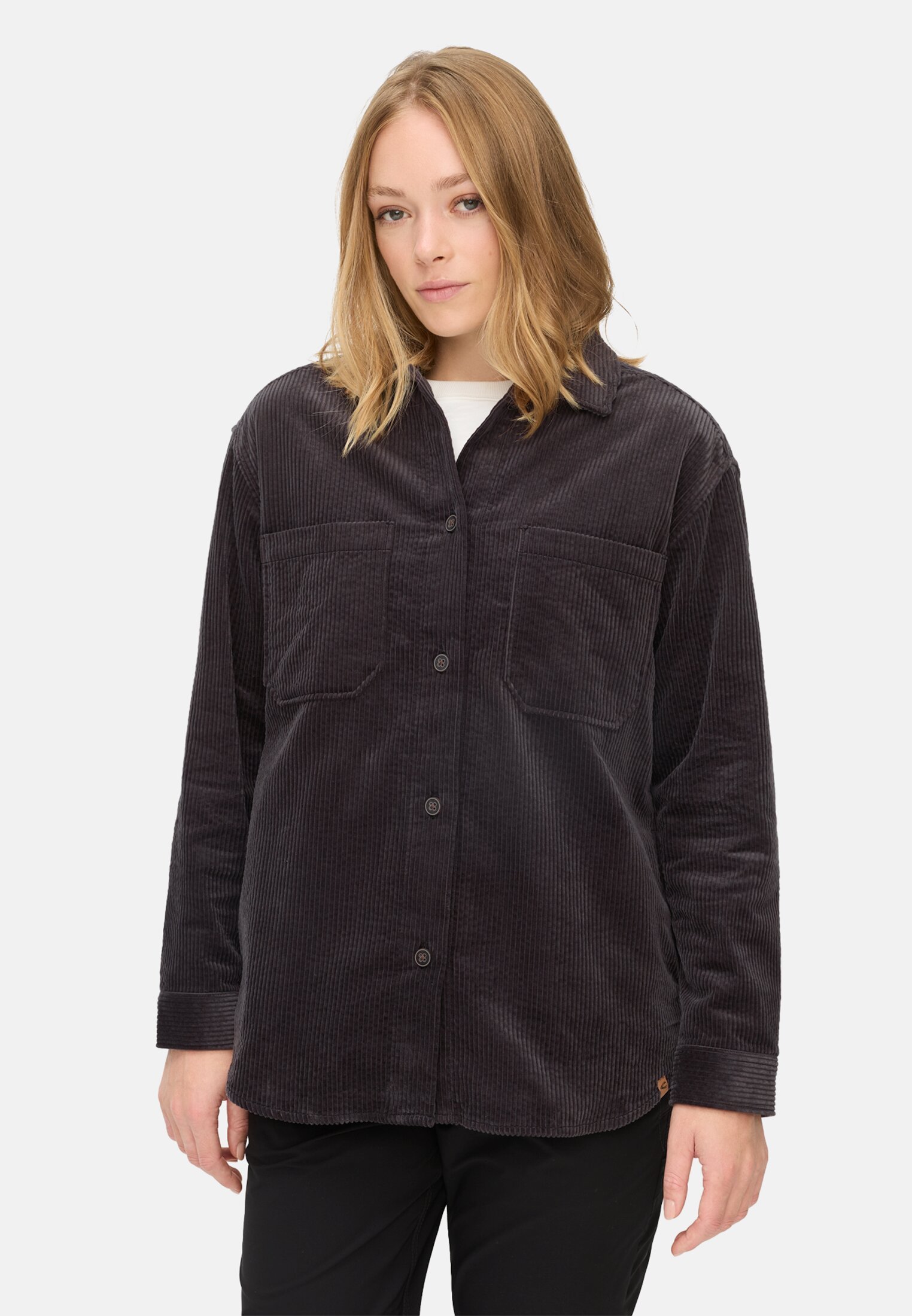 Damen Cord-Bluse aus reiner Baumwolle Kaviar getragen vorn