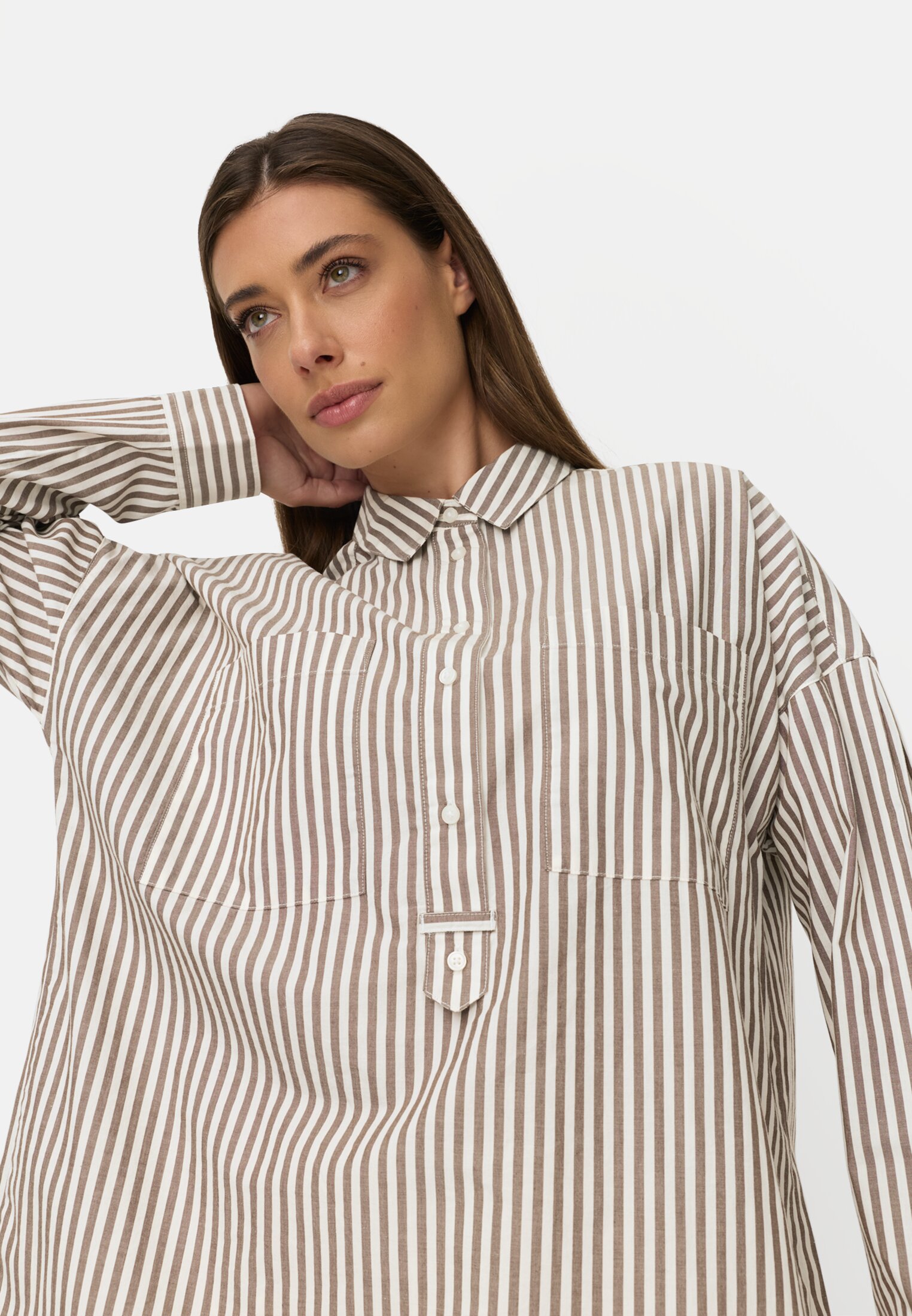 Women Cotton blouse with button placket Brown worn emotional