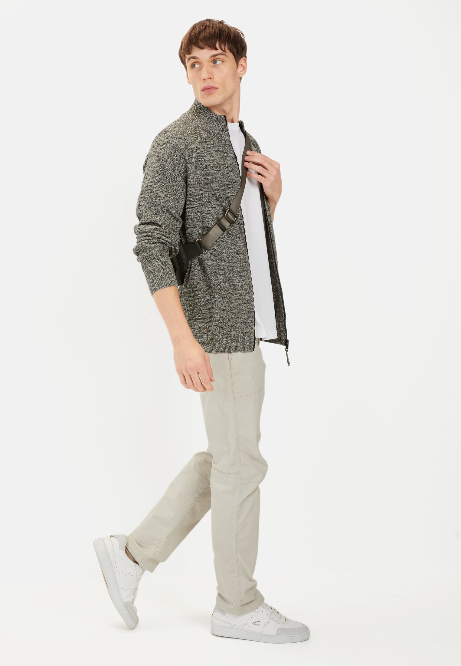 Men Cardigan made from cotton Khaki worn front full body