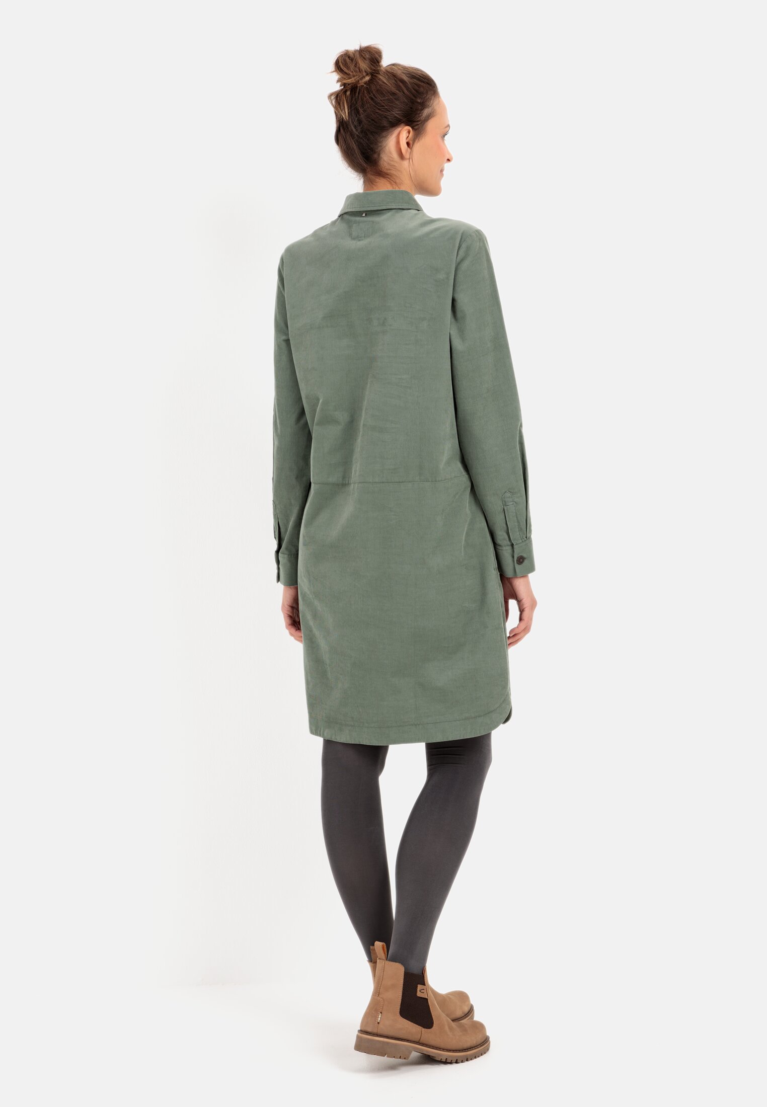 Damen Hemdblusenkleid mit langen Ärmeln Kahki getragen hinten