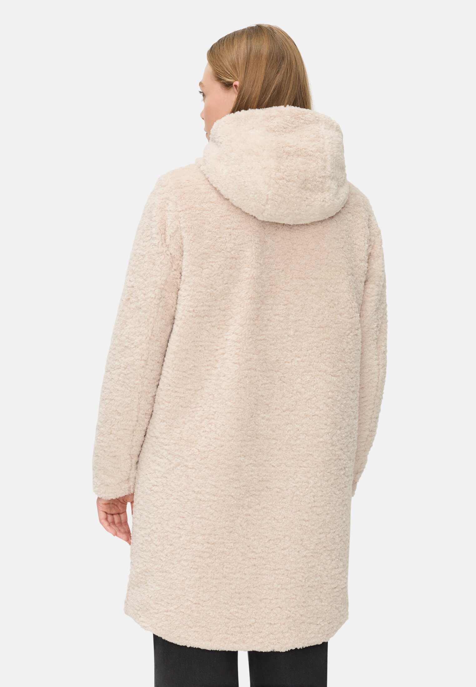 Damen Teddy Mantel mit Kapuze Mandel getragen hinten