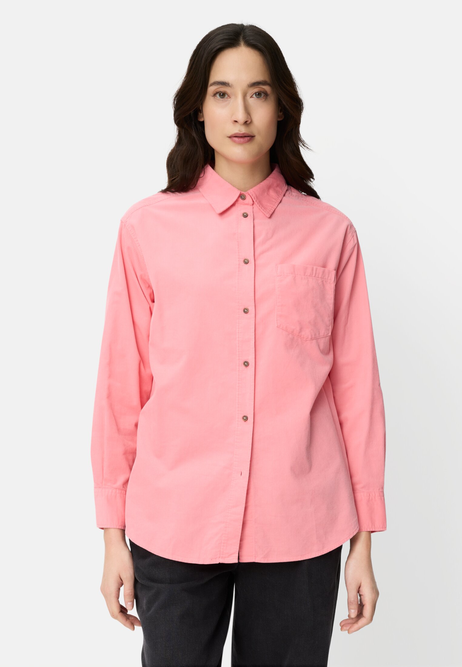 Women Blouse with chest pocket Berry worn front