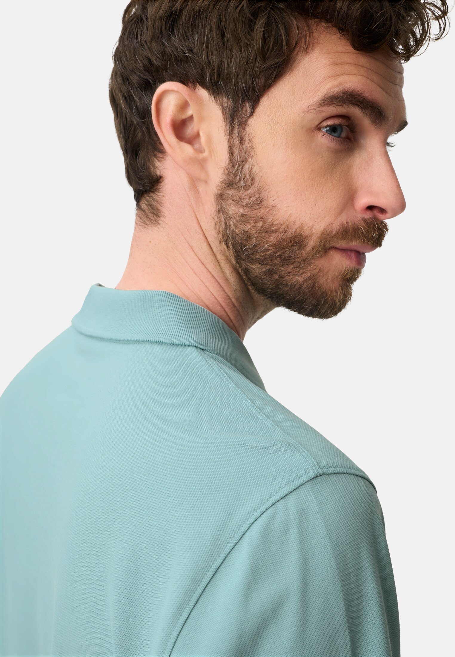 Heren Poloshirt met contrastdetails Oceaan Groen gedragen detail dichtbij