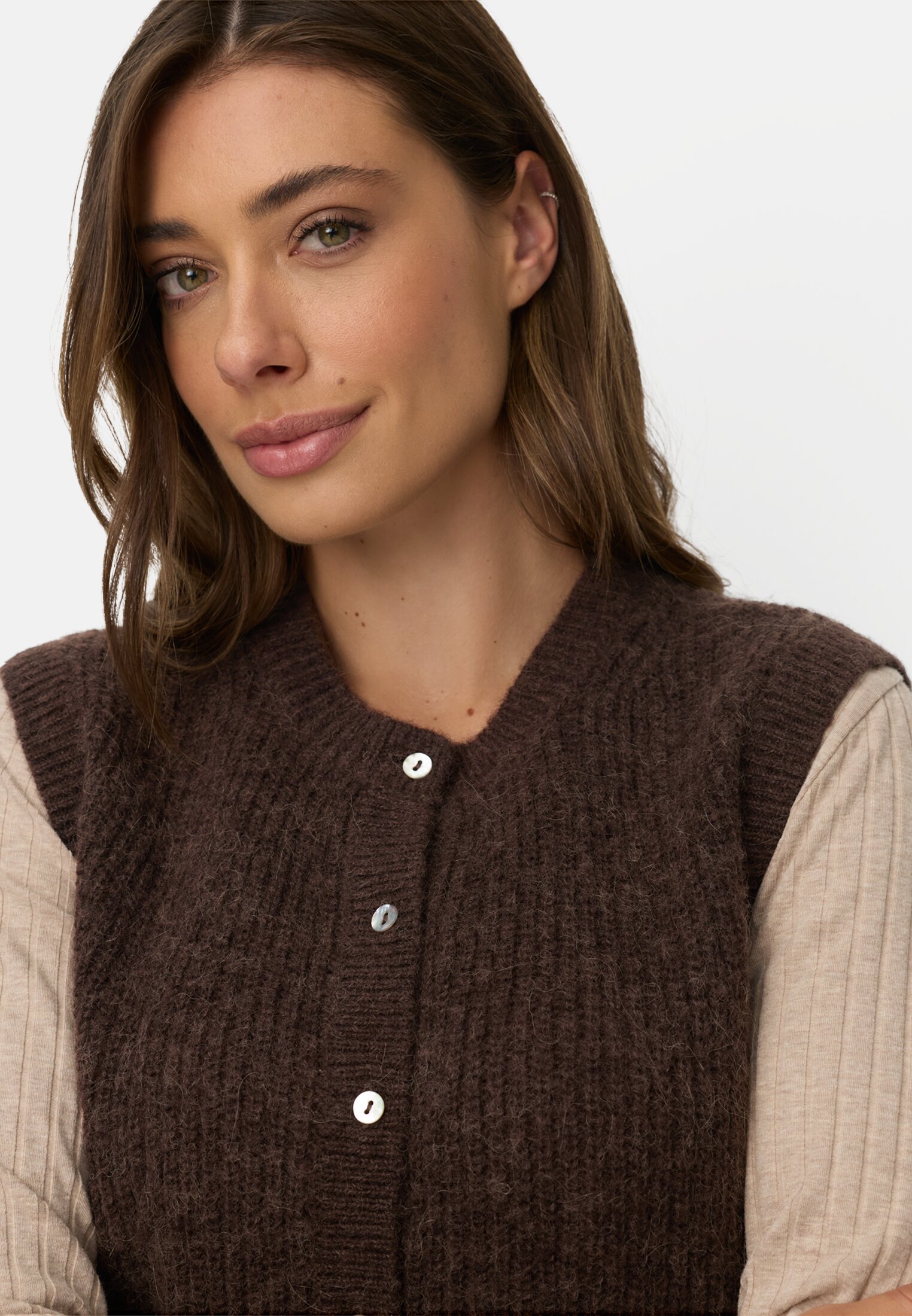 Women Knitted vest with button placket Brown worn detail close