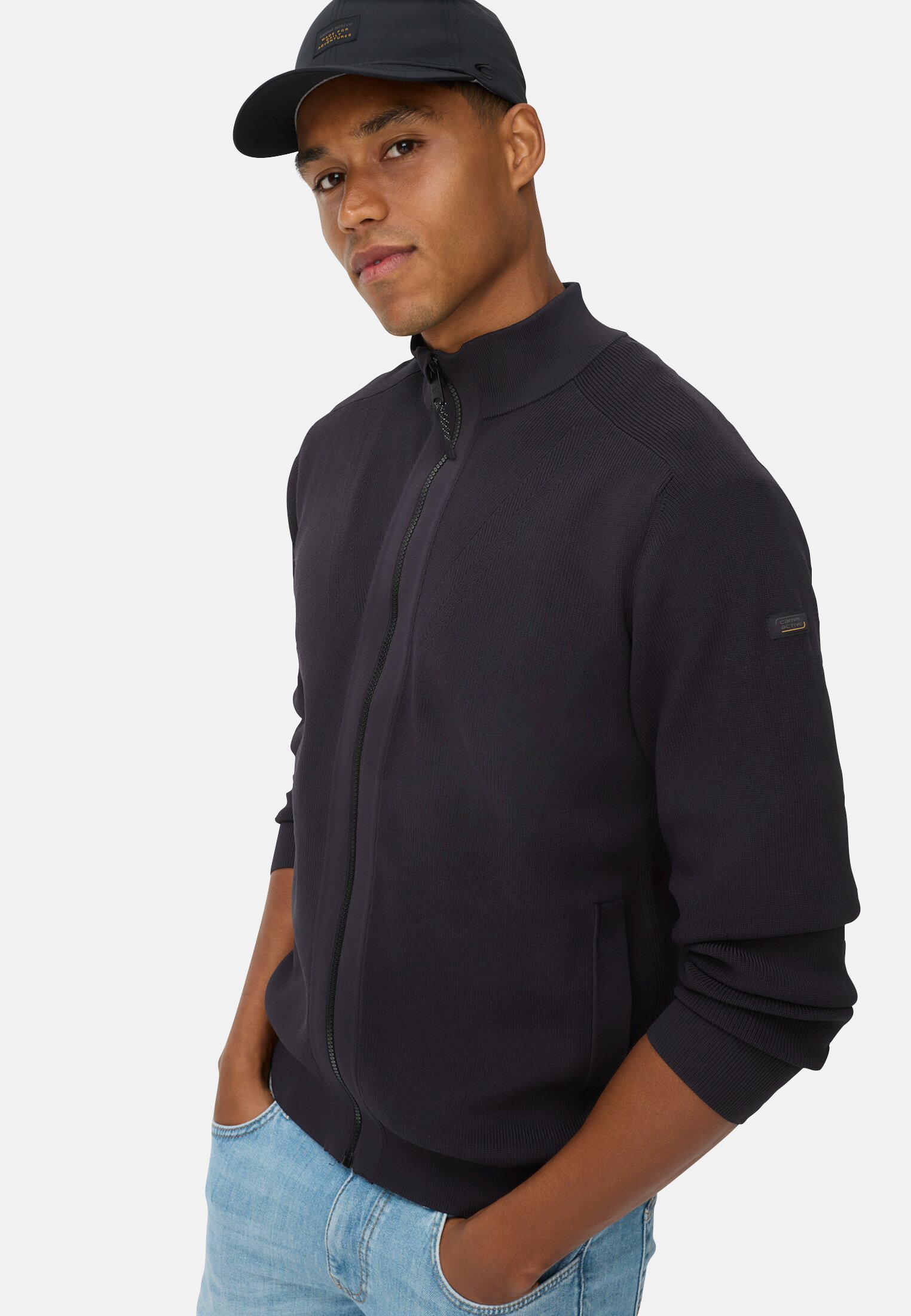 Men fleXXXactive® cardigan made from lightweight material Navy blue worn emotional