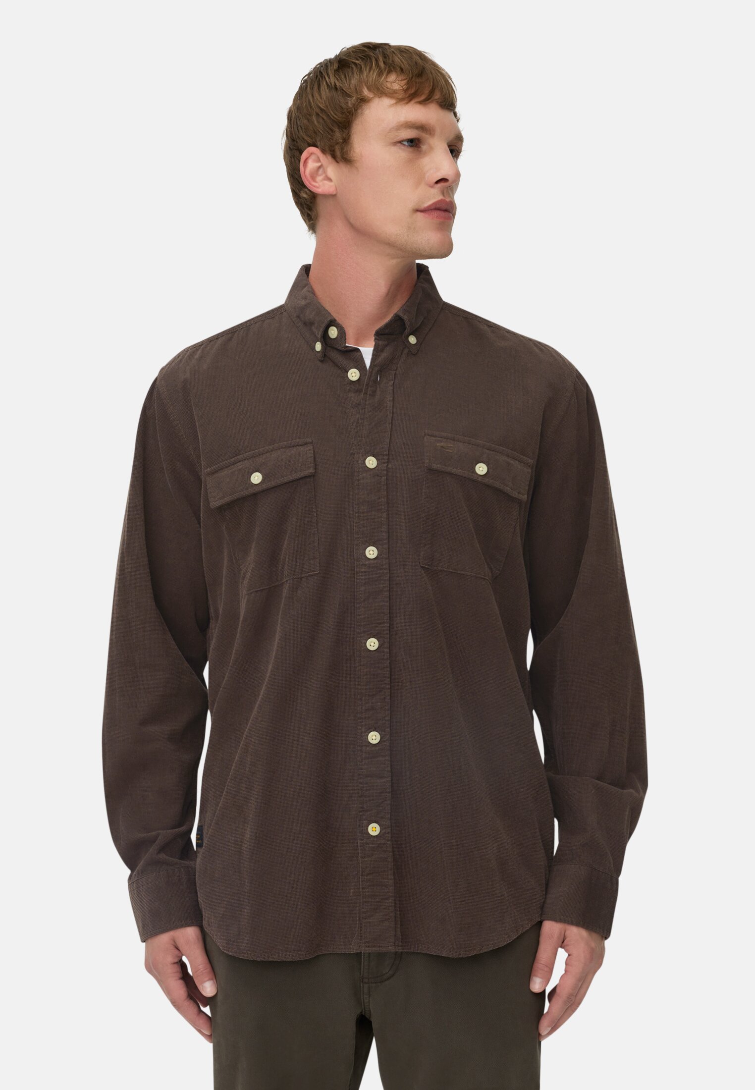 Men Long-sleeved shirt with patch pockets Dark brown worn emotional