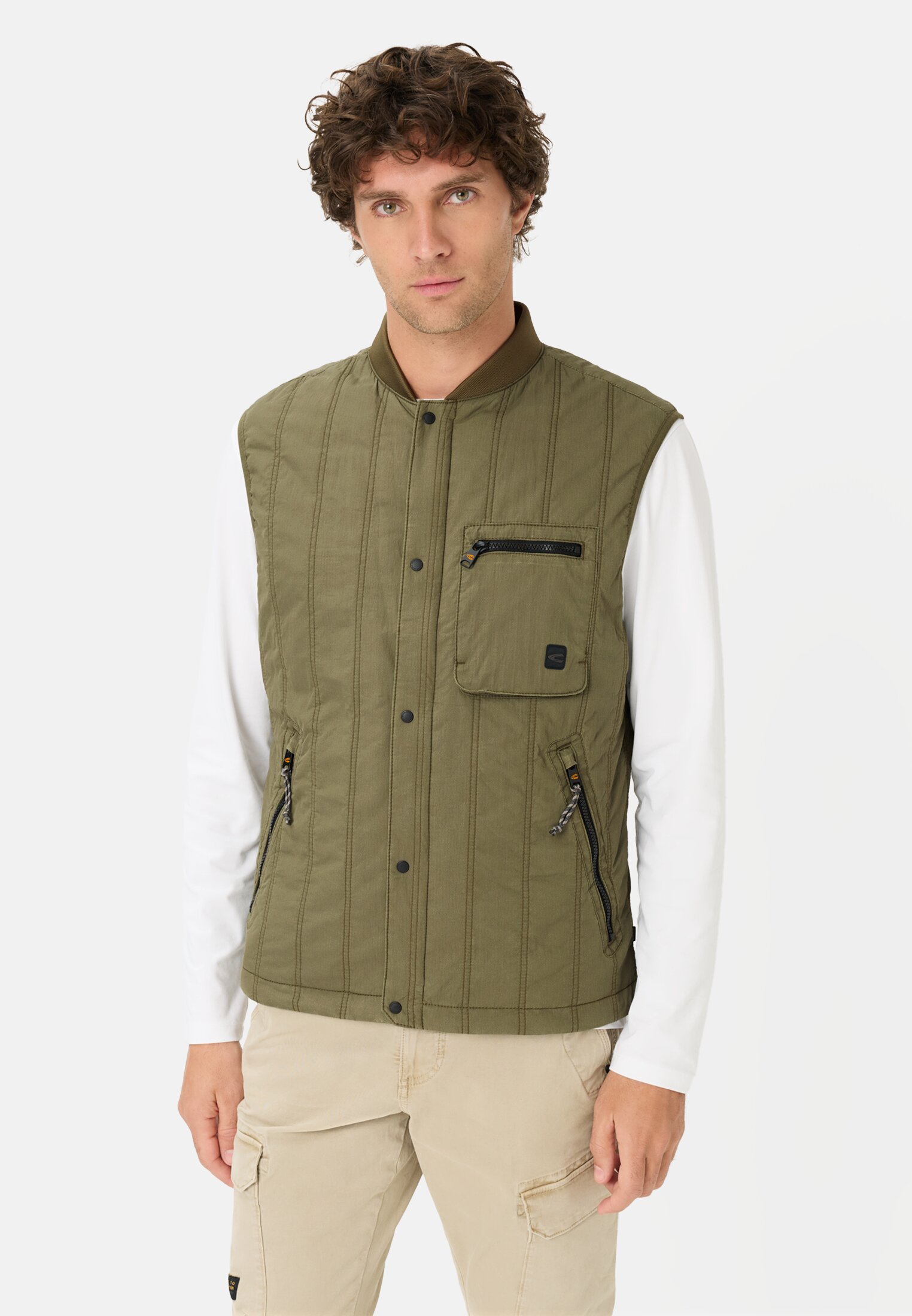 Men Quilted waistcoat with stand-up collar Olive Green worn front