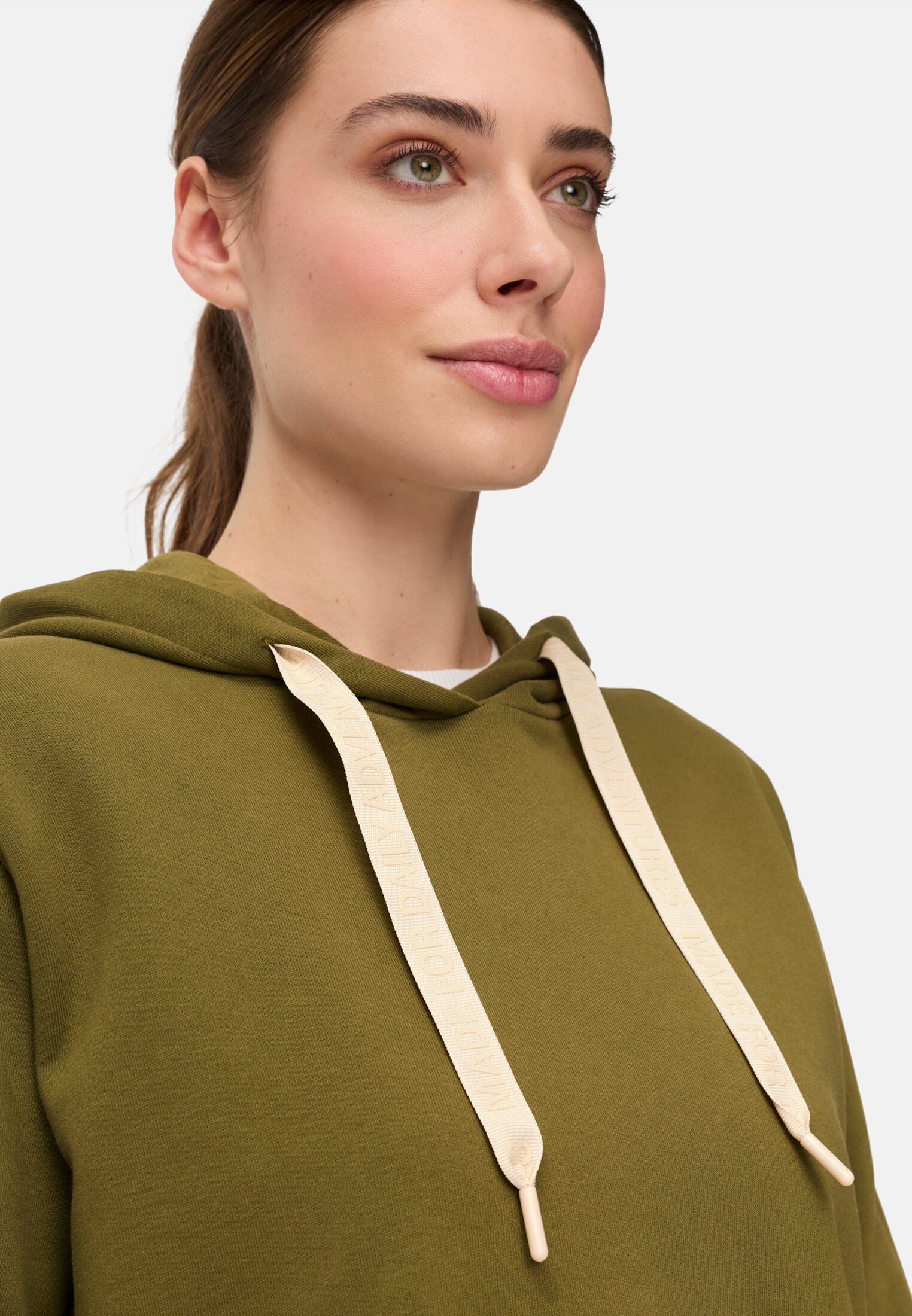 Women Hoodie made of pure cotton Olive worn detail close