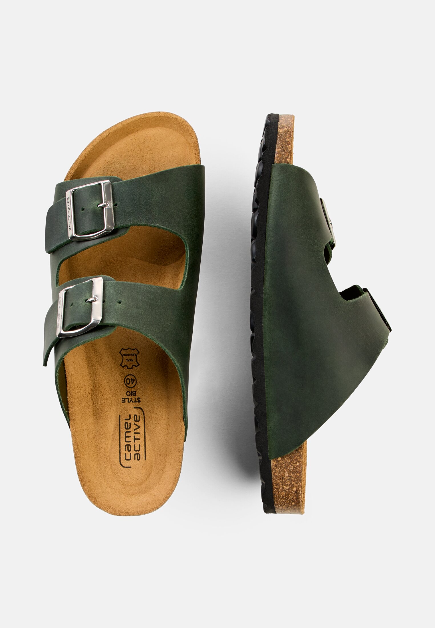 Damen Leder Pantolette mit Korkfußbett Dunkelgrün frontal oben