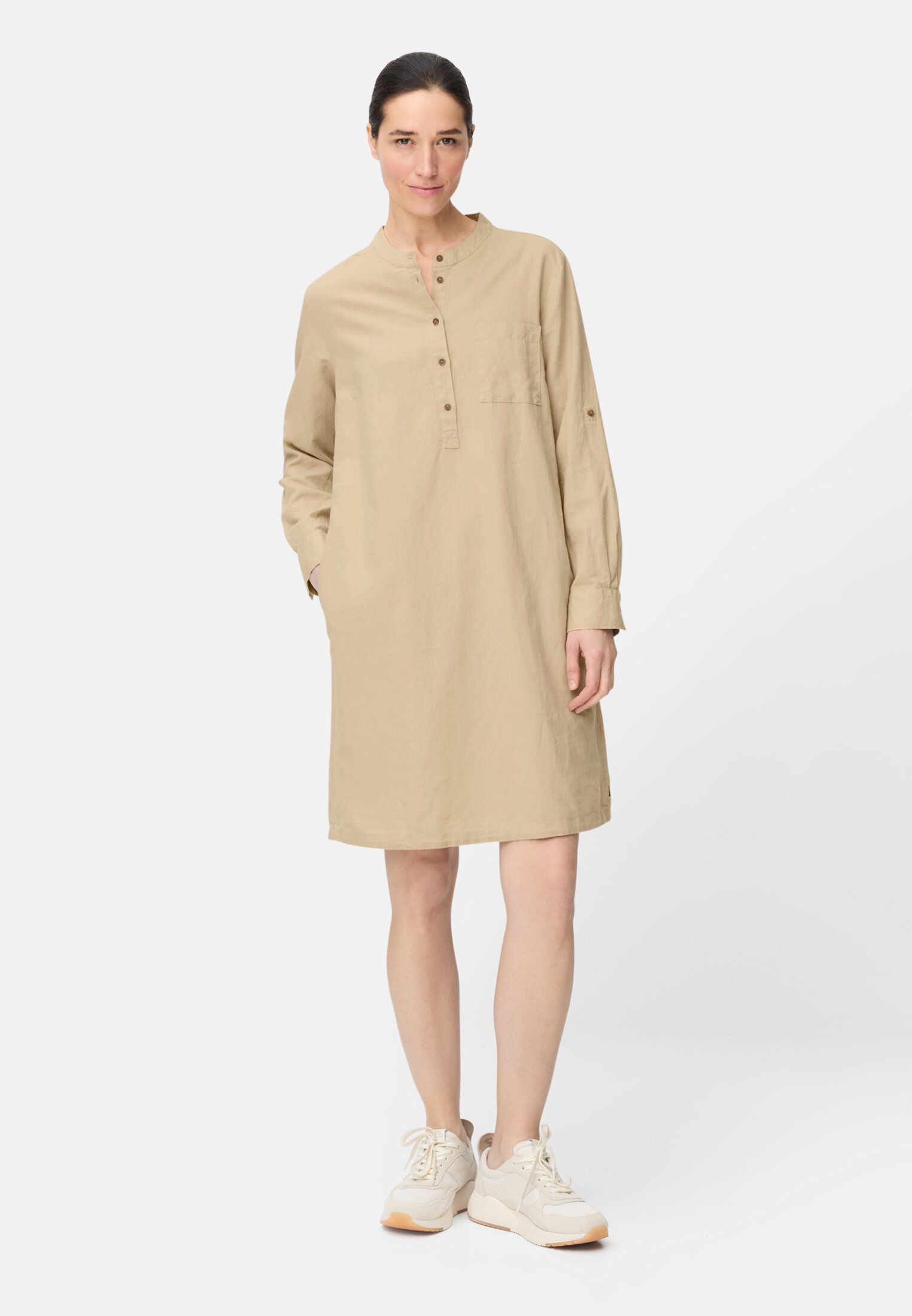 Women Shirt dress with stand-up collar Sand worn front