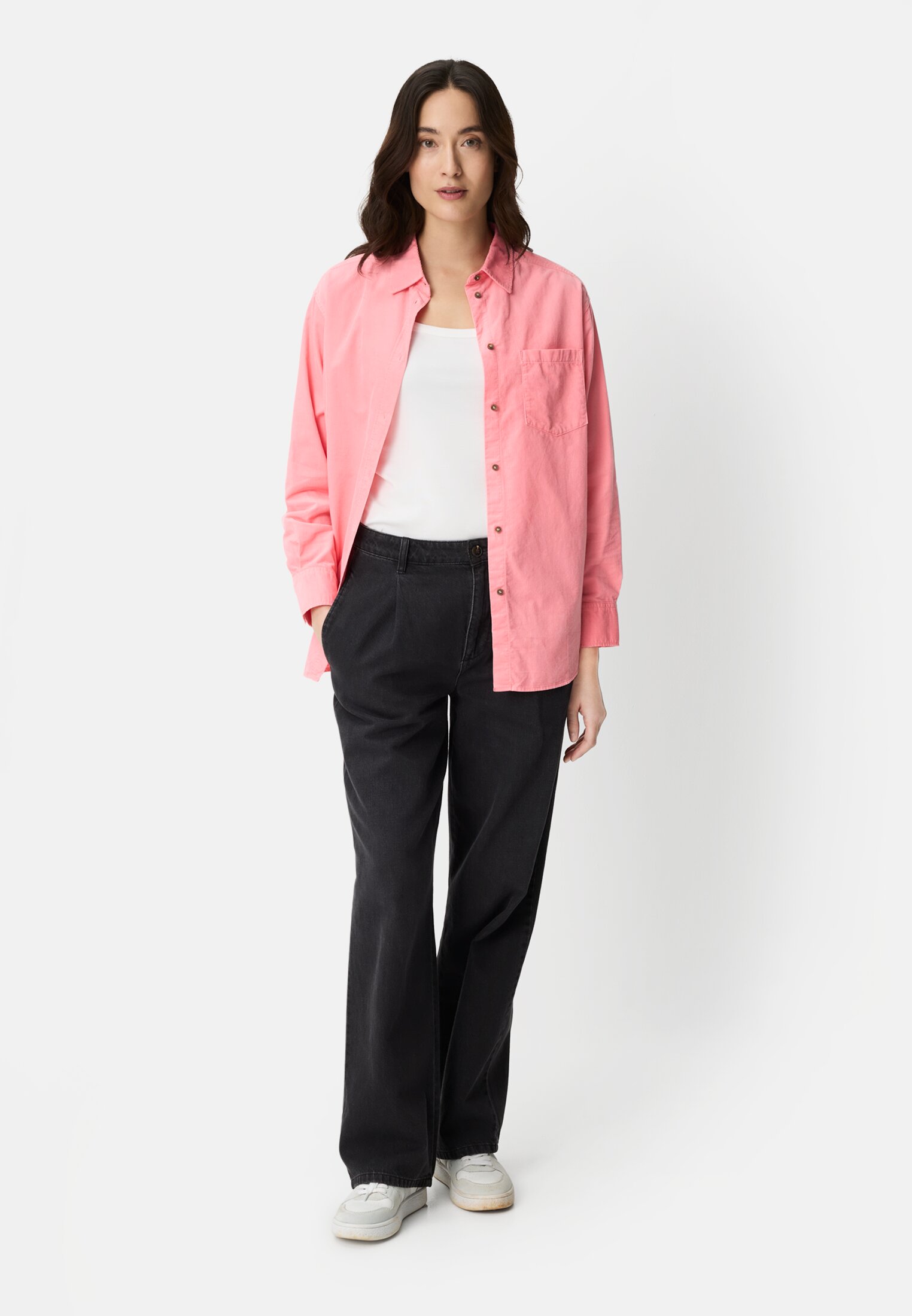 Women Blouse with chest pocket Berry worn front full body