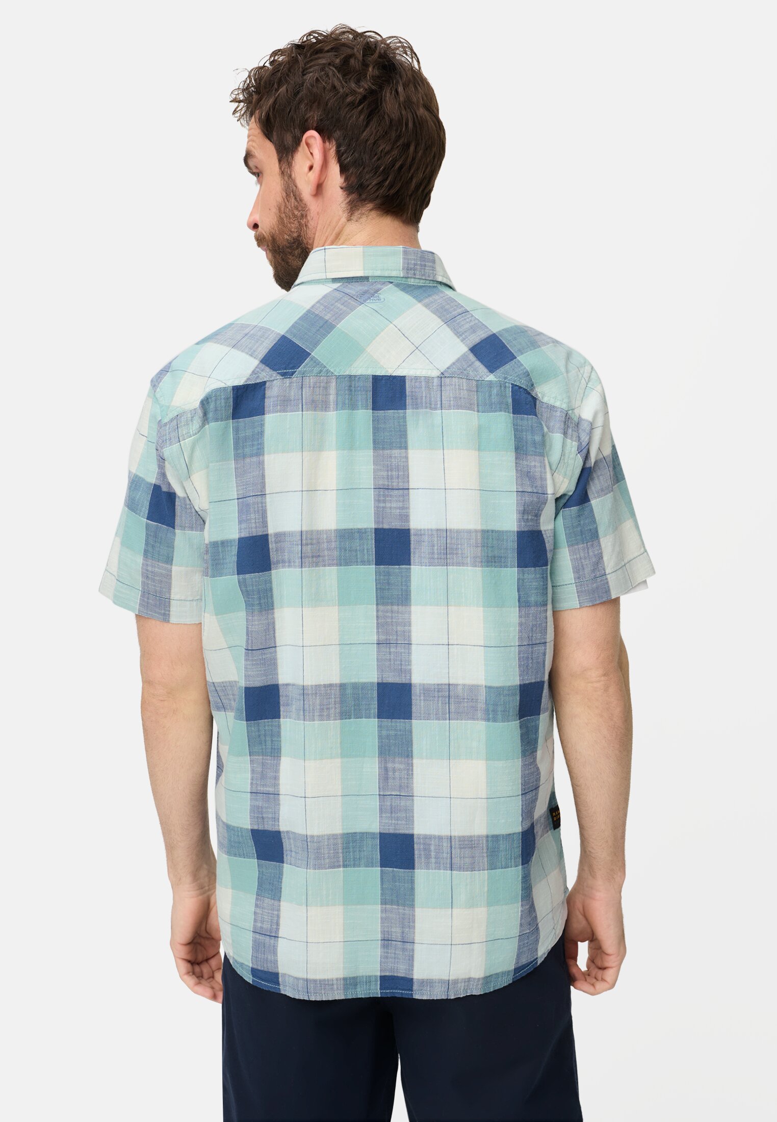 Heren Geruit overhemd van puur katoen Hemelsblauw gedragen achter