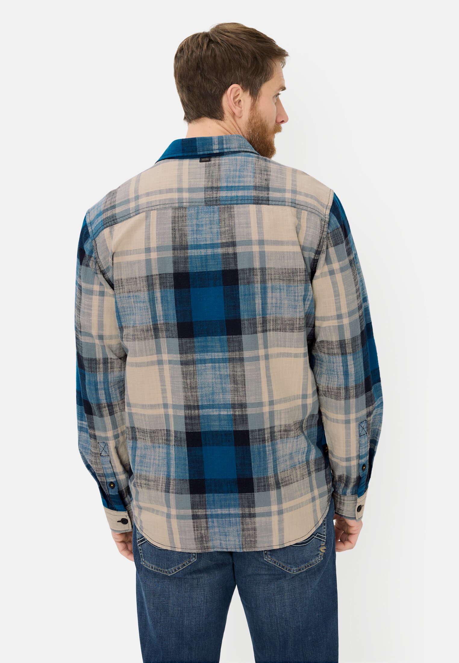 Herren Lässiges Langarmhemd aus reiner Baumwolle Blau getragen hinten