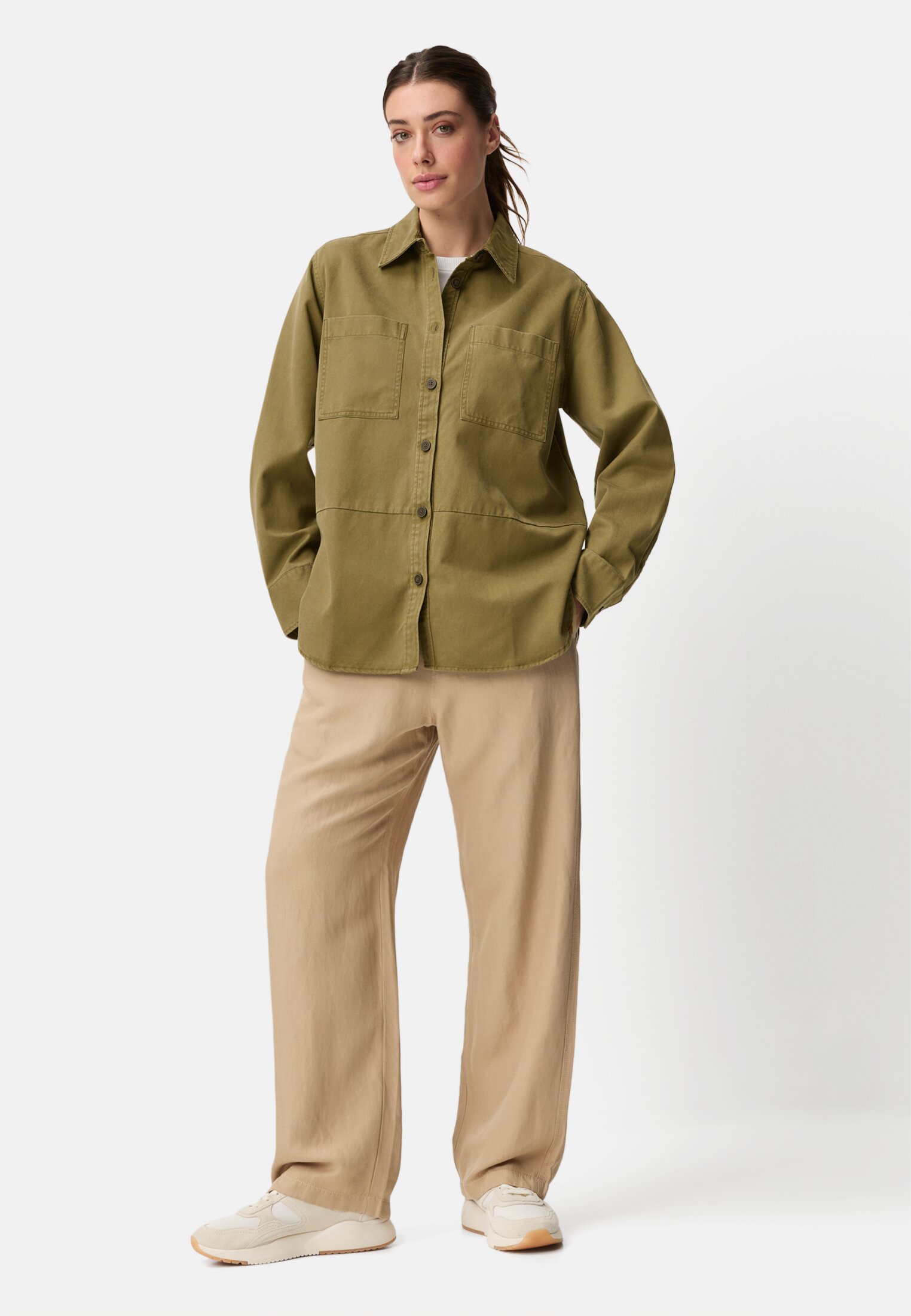 Women Blouse with button placket Olive worn front full body