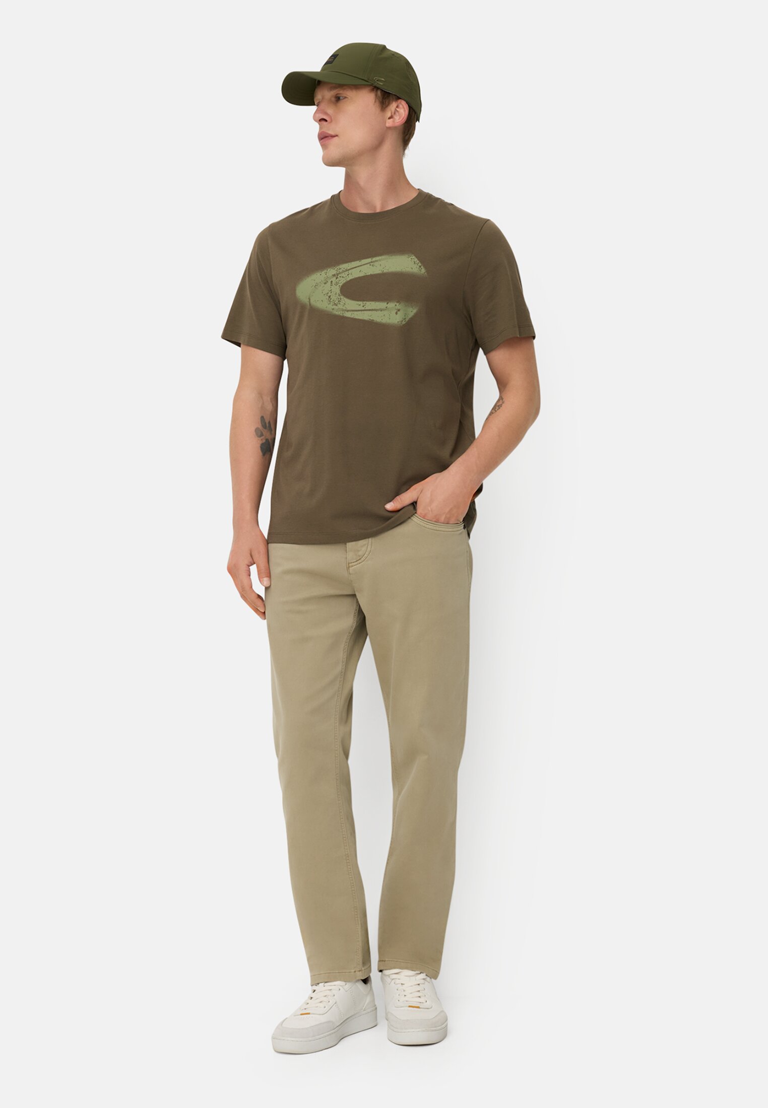 Men T-shirt with logo print made of organic cotton Olive Green worn front full body