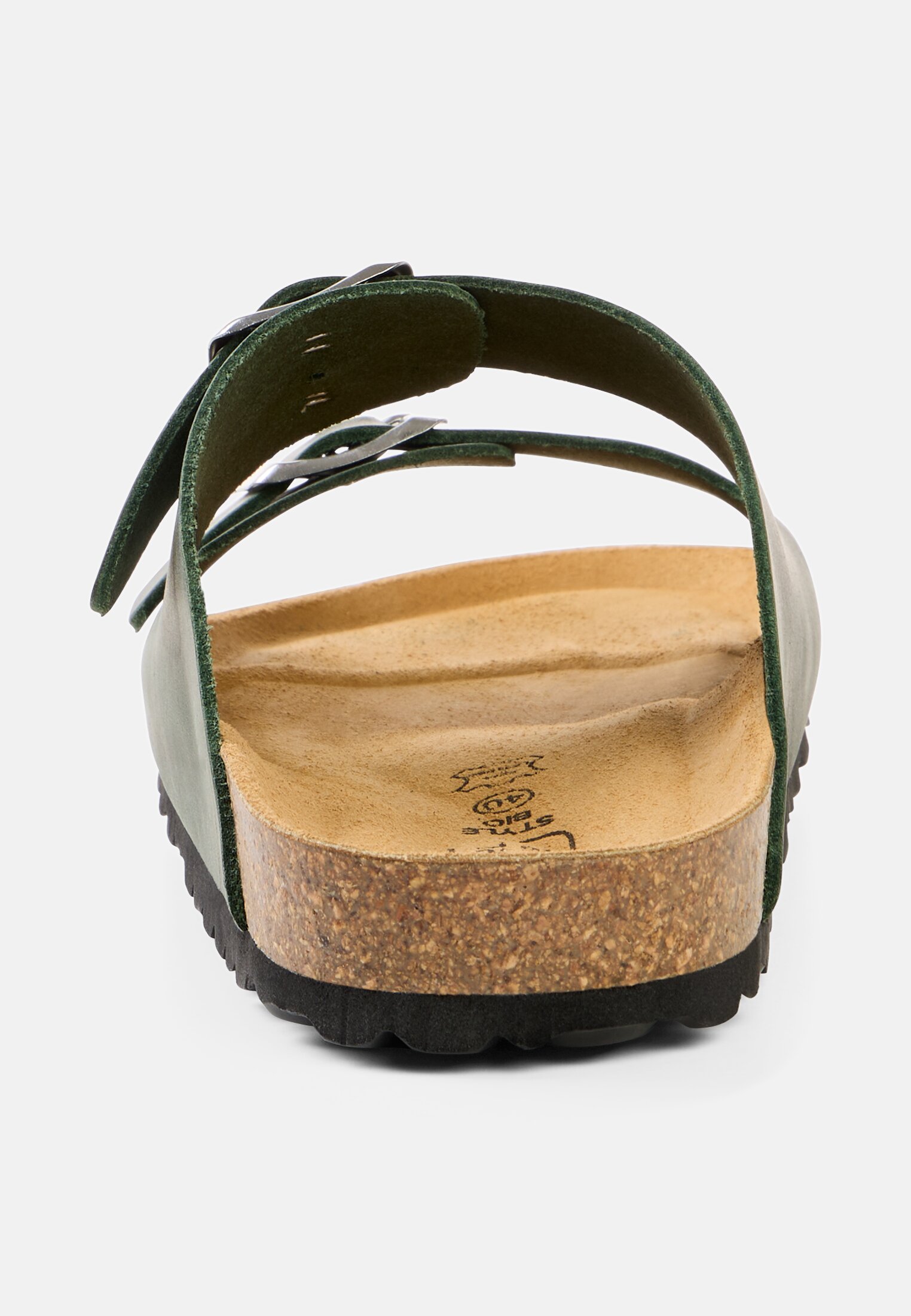 Damen Leder Pantolette mit Korkfußbett Dunkelgrün vorne nah