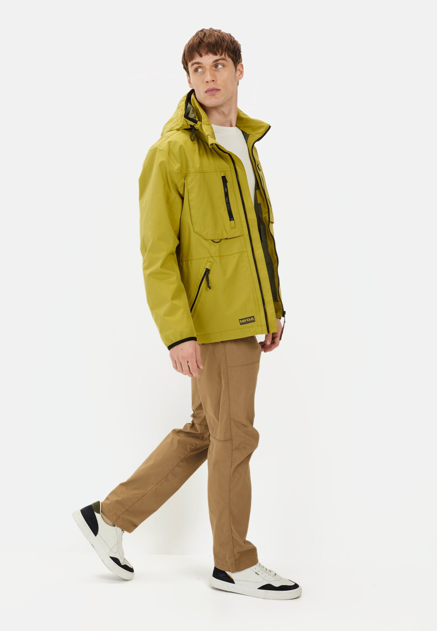 Men TeXXXactive® Windbreaker with removable hood Moss worn front full body