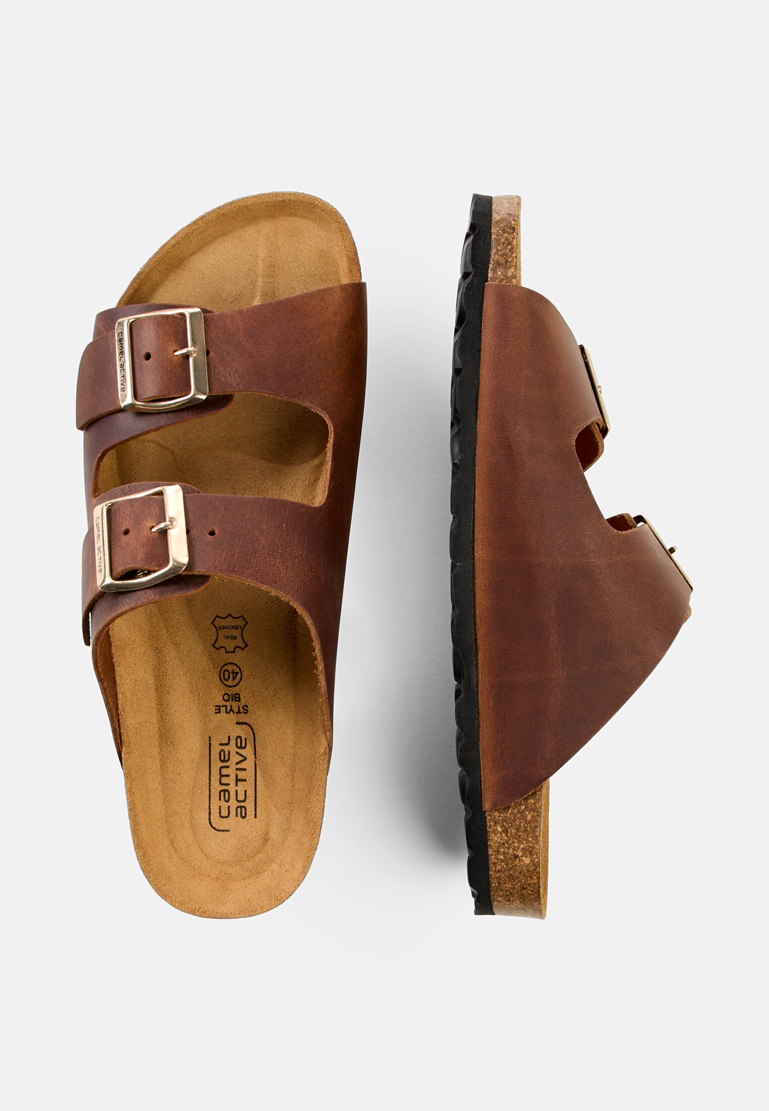 Damen Leder Pantolette mit Korkfußbett Braun frontal oben