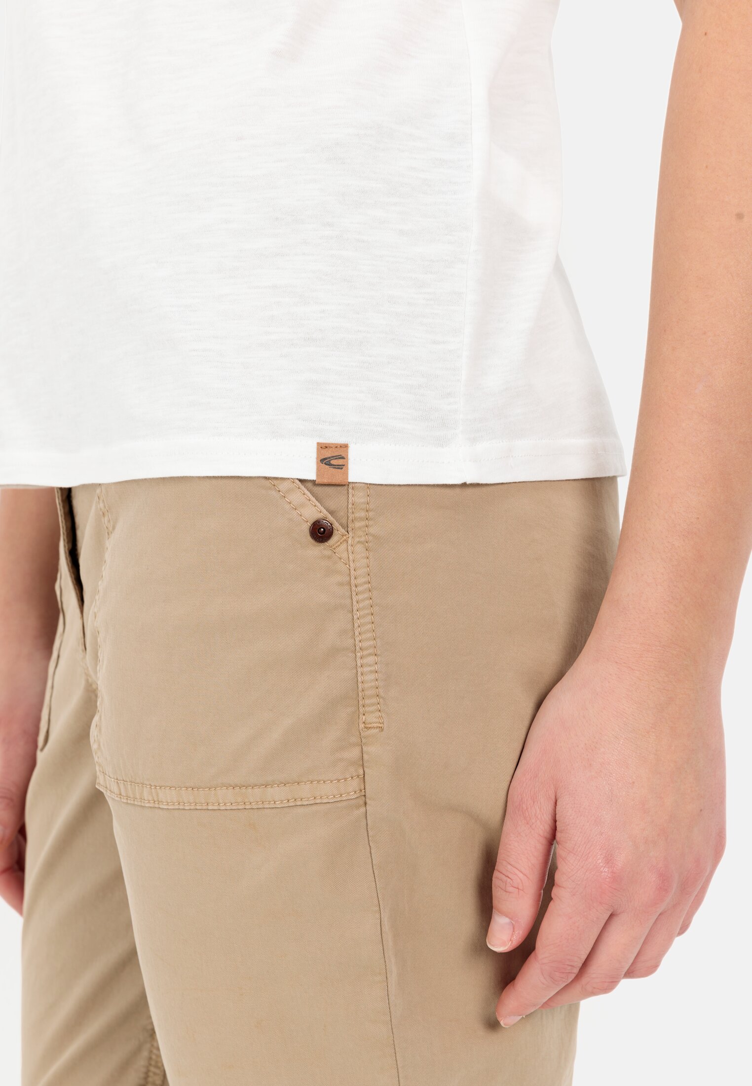 Women Short-sleeve T-shirt made from sustainable organic cotton White worn detail close
