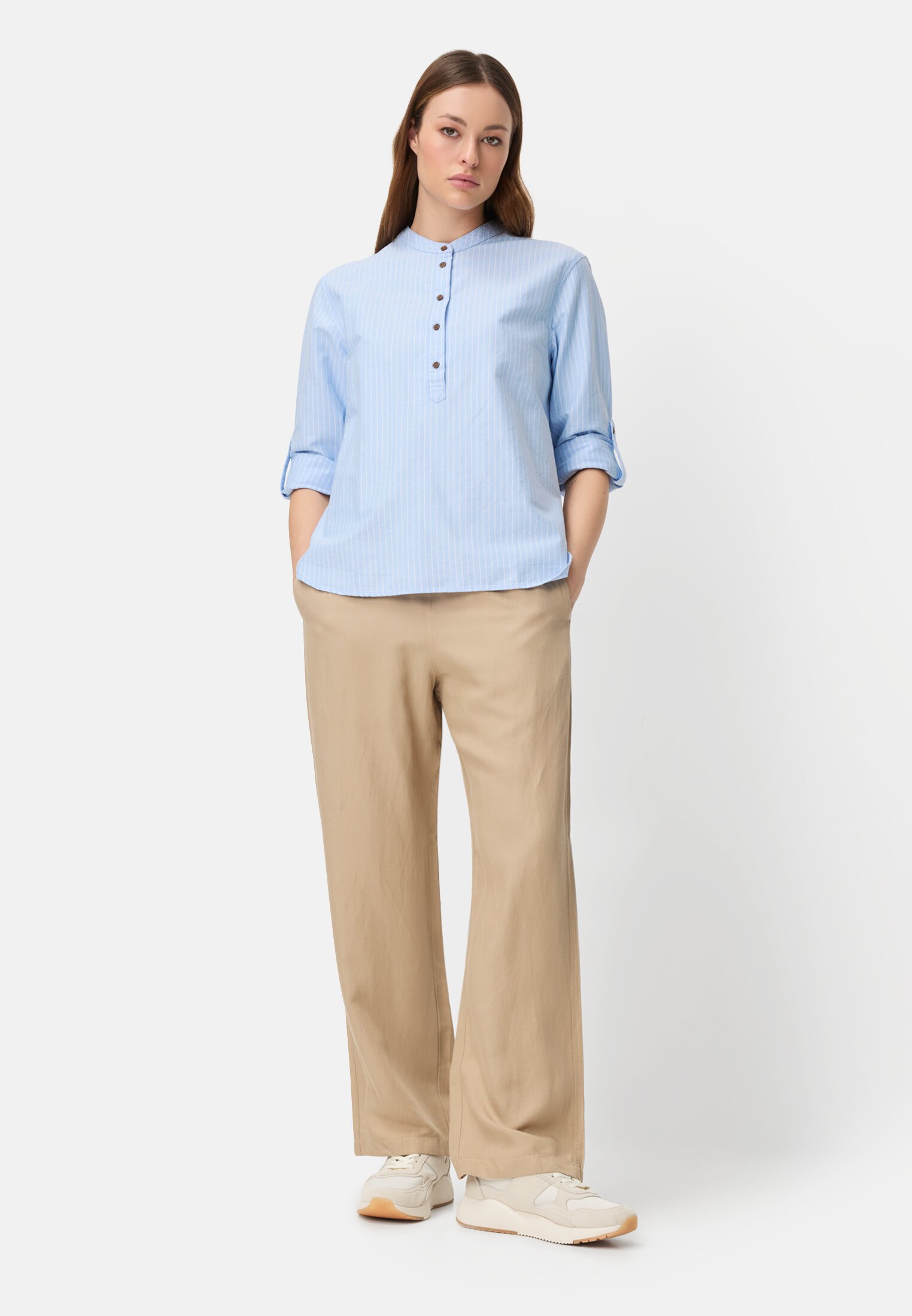 Women Striped blouse with roll-up sleeves Light Blue worn front full body