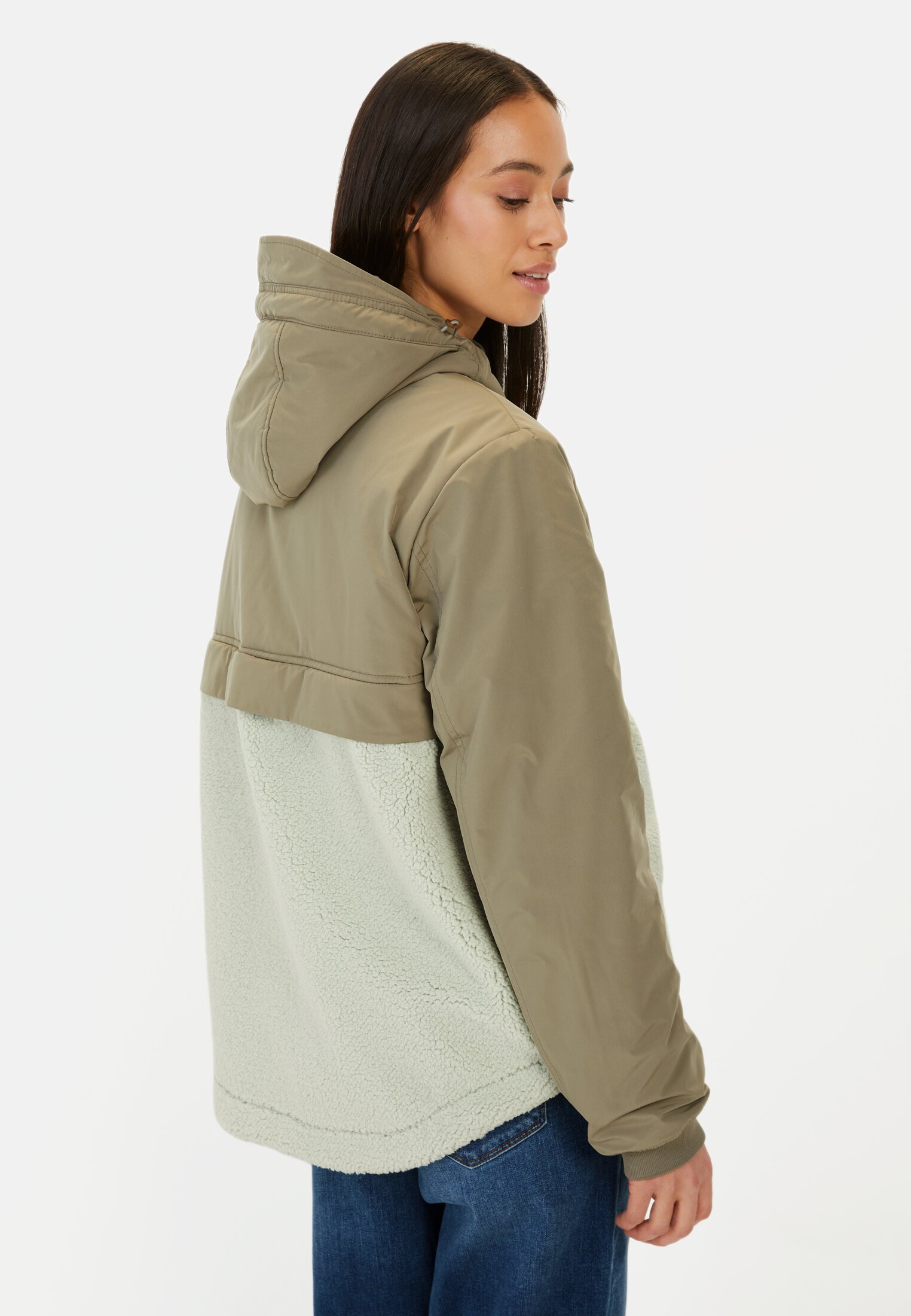 Women Teddy jacket with hood Sage worn back
