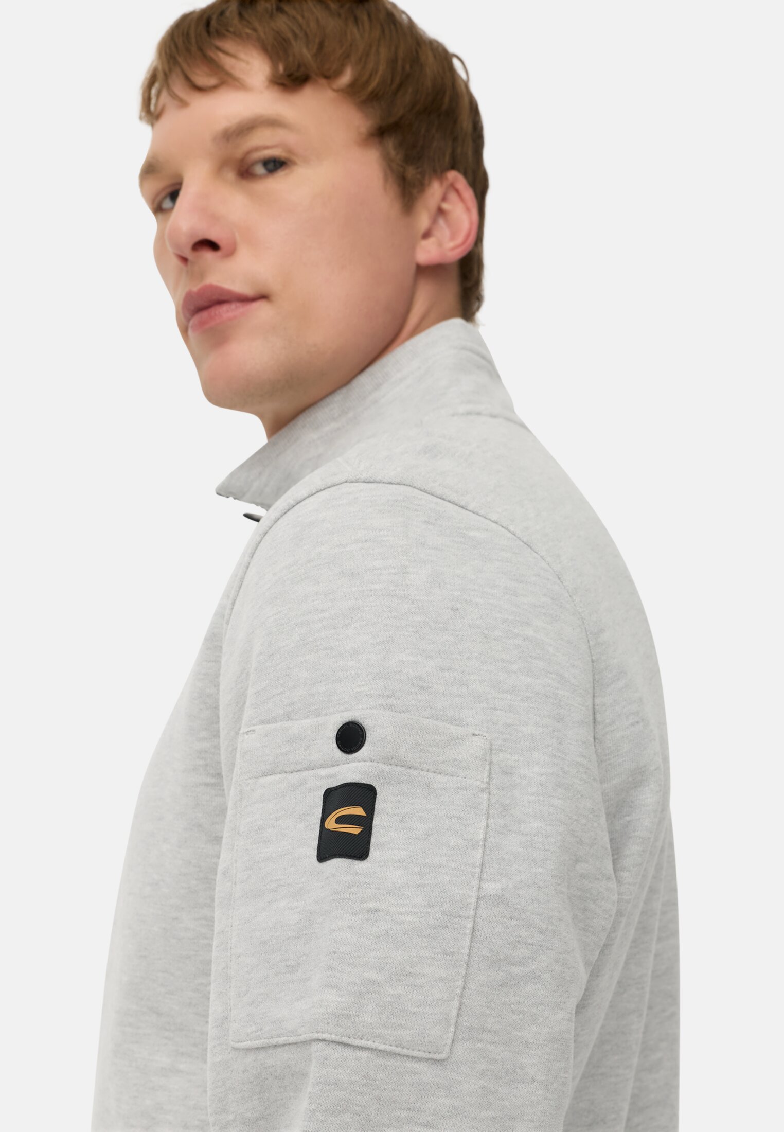 Men Sweatshirt with Troyer collar Grey worn detail close