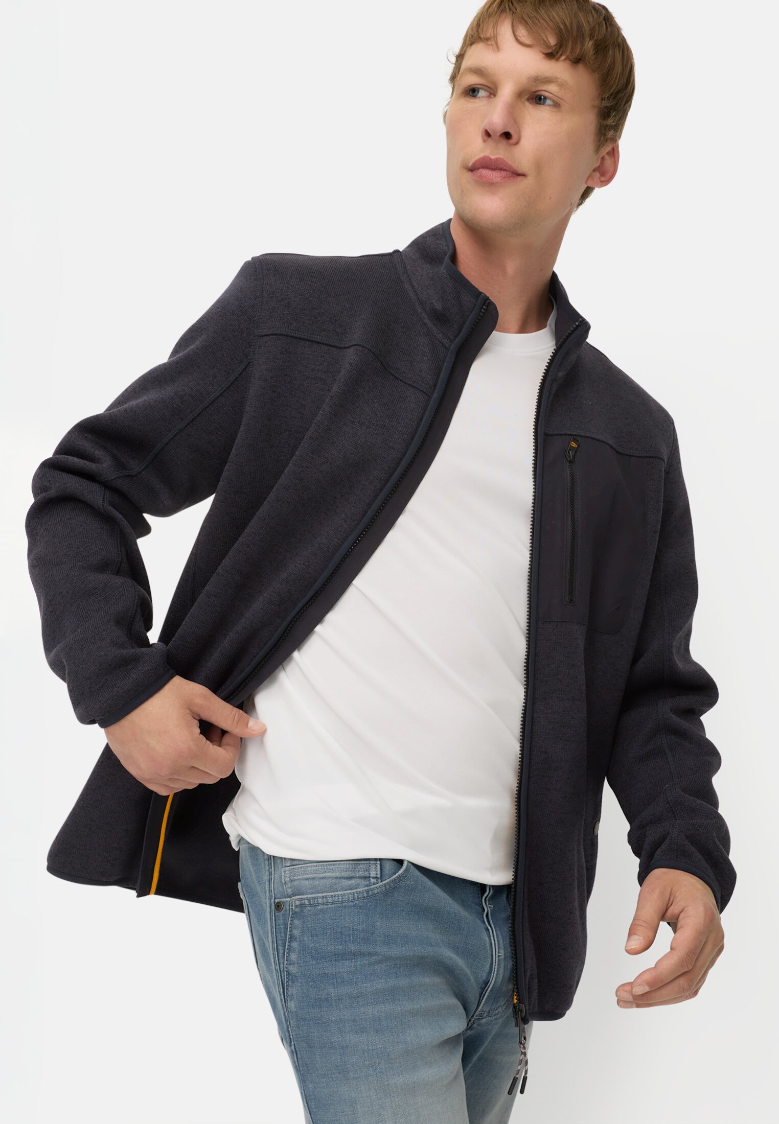 Men Fleece jacket with high collar Navy blue worn emotional
